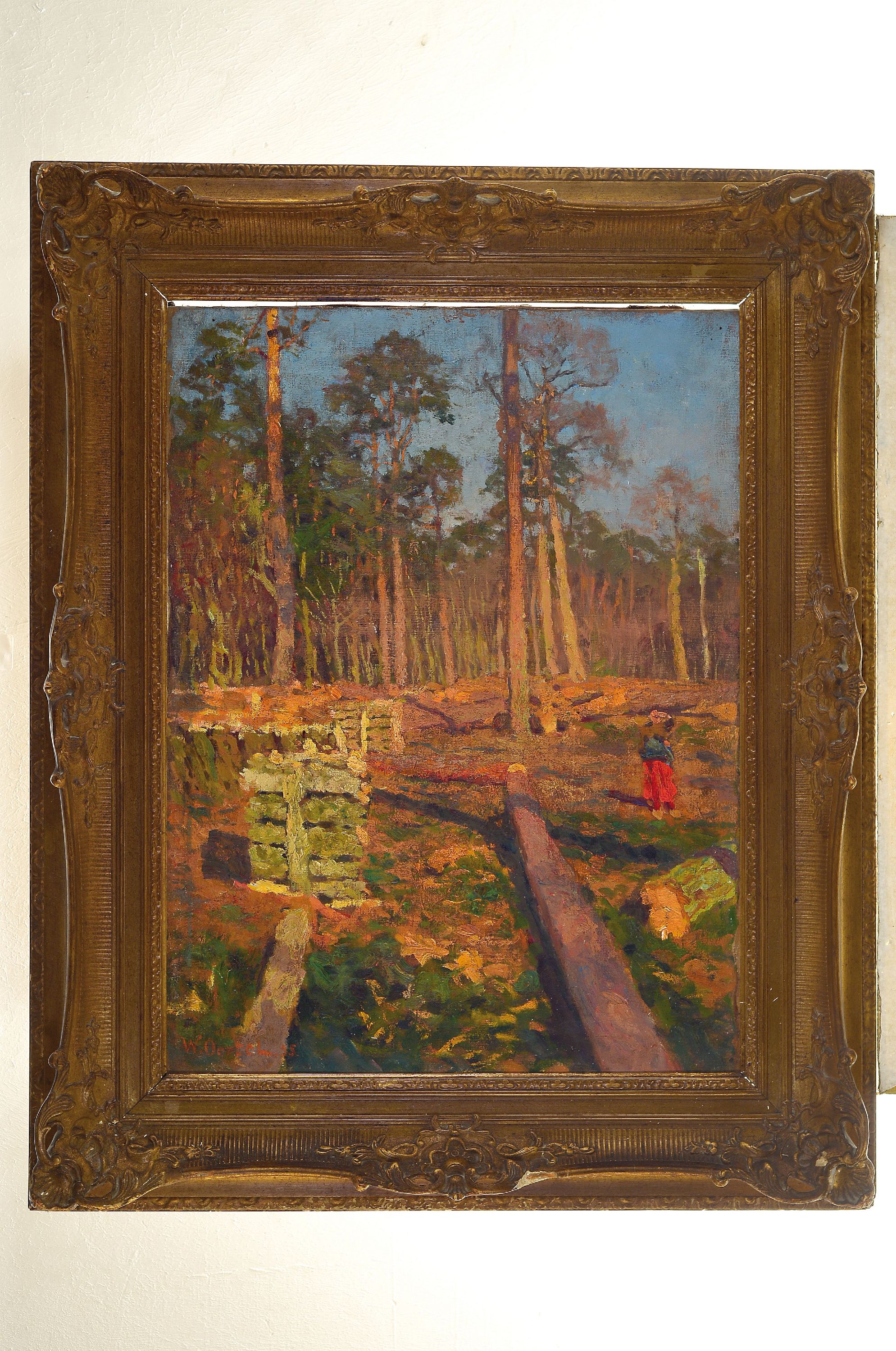 Detail k: Wilhelm Öertel, 1870 Frankfurt - 1933 Mannheim, Kiefernwald im Abendlicht mit gelagertem Holz, Öl/Lwd, li. u. rot signiert und dat. (18)95, kl. ...