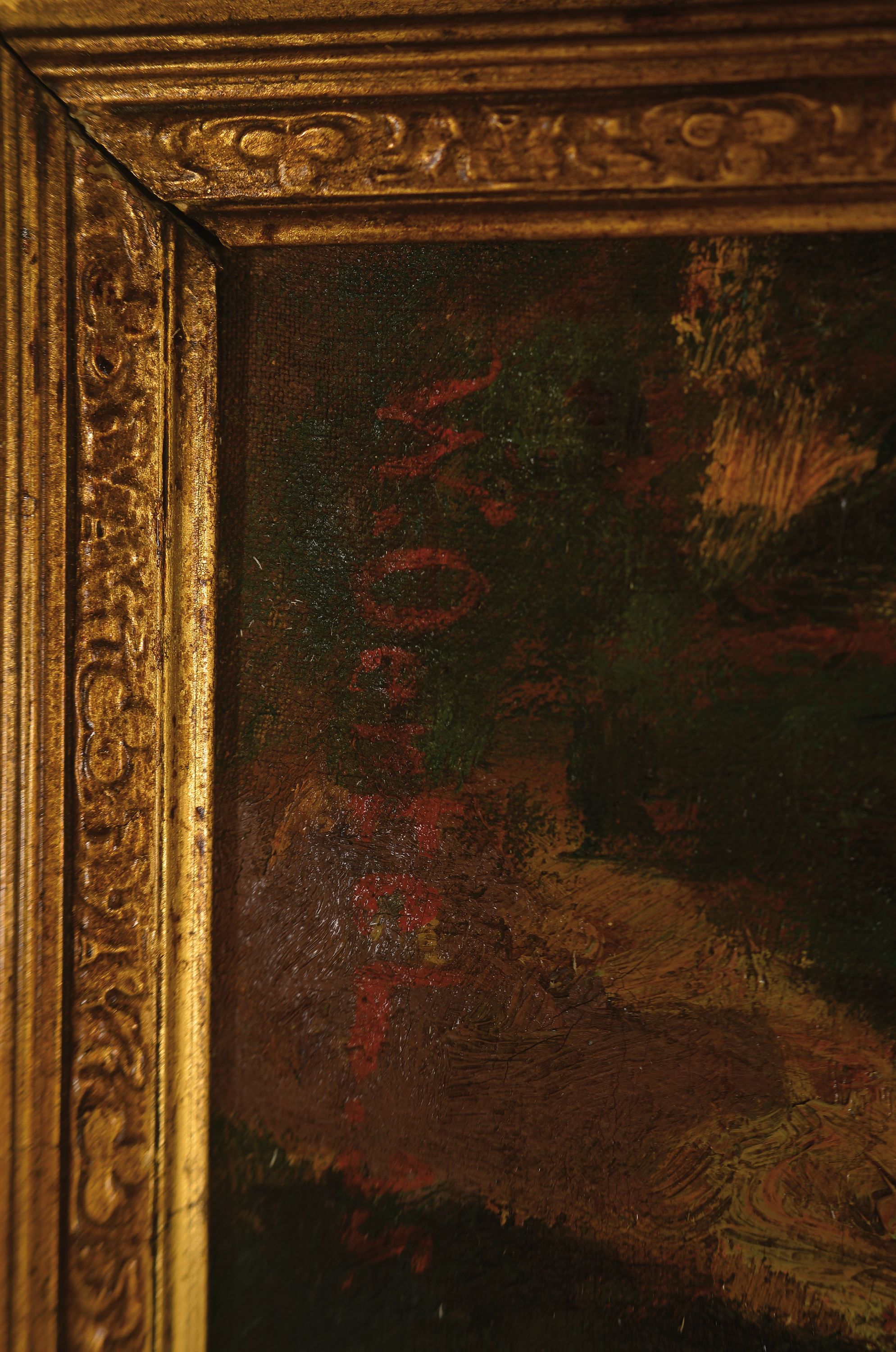 Detail l: Wilhelm Öertel, 1870 Frankfurt - 1933 Mannheim, Kiefernwald im Abendlicht mit gelagertem Holz, Öl/Lwd, li. u. rot signiert und dat. (18)95, kl. ...