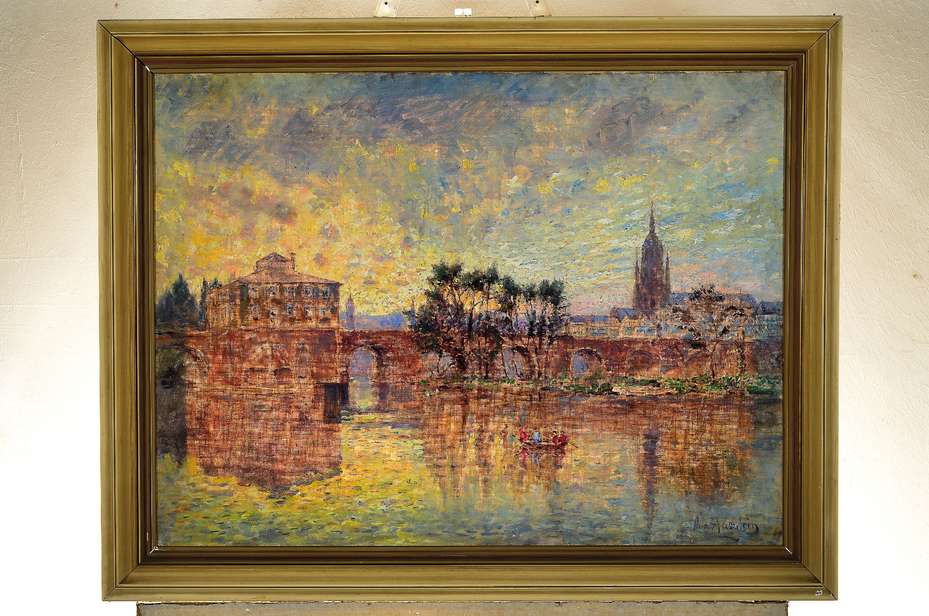 Detail k: August Haenlein, Frankfurter Maler, 1.H.20. 20. Jahrhundert, "Blick über den Main auf die alte Brücke und Frankfurt im Abendlicht, re. unten ...