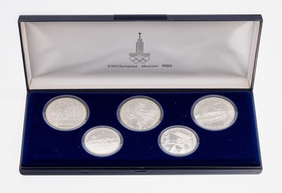 Image Set 5 Silbermünzen, zur Olympiade 1980 in Moskau, 3 x 10 Rubel, 2 x 5 Rubel, ...