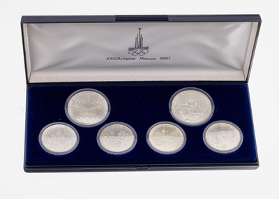 Image Set 6 Silbermünzen, Olympiade in Moskau, 1980, 2 x 10 Rubel 4 x 5 Rubel, ...