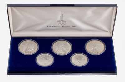 Image Set 5 Silbermünzen, Olympiade in Moskau, 1980, 3 x 10 Rubel 2 x 5 Rubel, ...