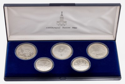 Image Set 5 Silbermünzen, Olympiade in Moskau, 1980, 3 x 10 Rubel, 2 x 5 Rubel, ...