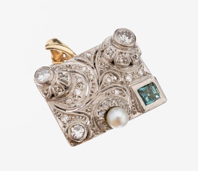 Image 14 kt Gold Art-Deco Diamant-Smaragd-Perl Anhänger/Brosche, GG/WG 585/000, gepr., ...