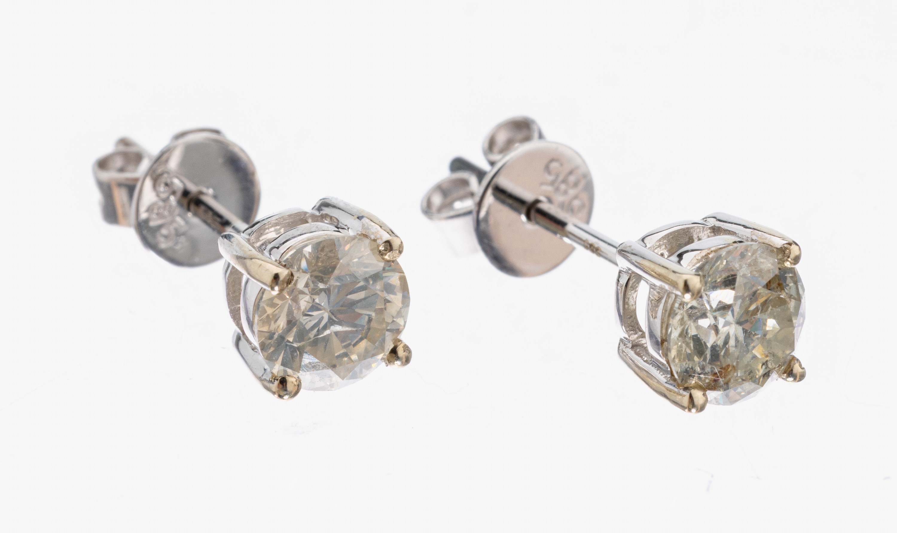 Paar 14 kt Gold Brillant-Ohrstecker, WG 585/000, 2 Brillanten zus. ca. 1.0 ct Weiß/p1