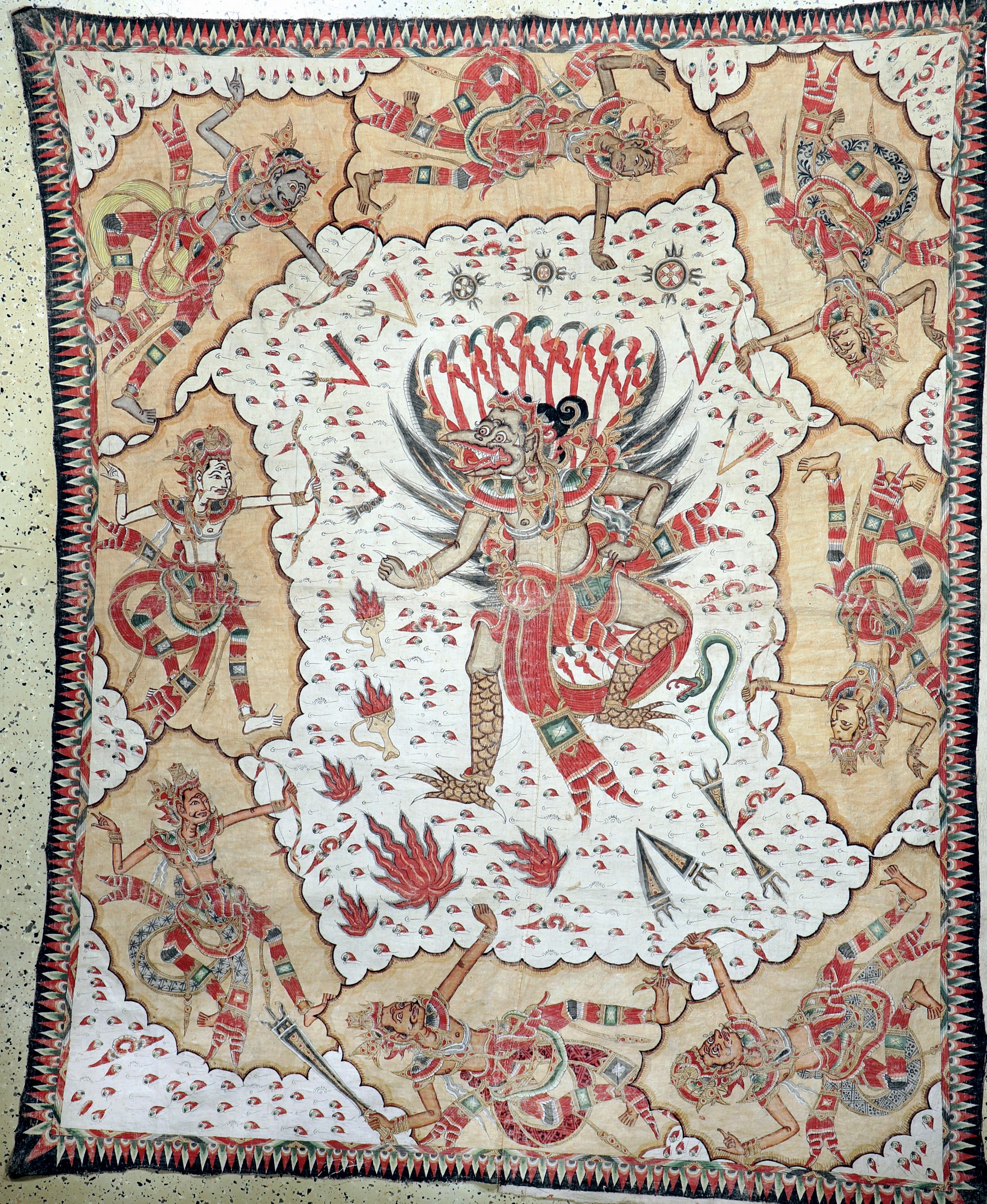 Balinesische Malerei im Wayang-Stil . Darstellung von Götter, Dämonen, Helden und Szenen aus dem hinduistischen Mythos,Mitte 20.Jhd, Handmalerei ...