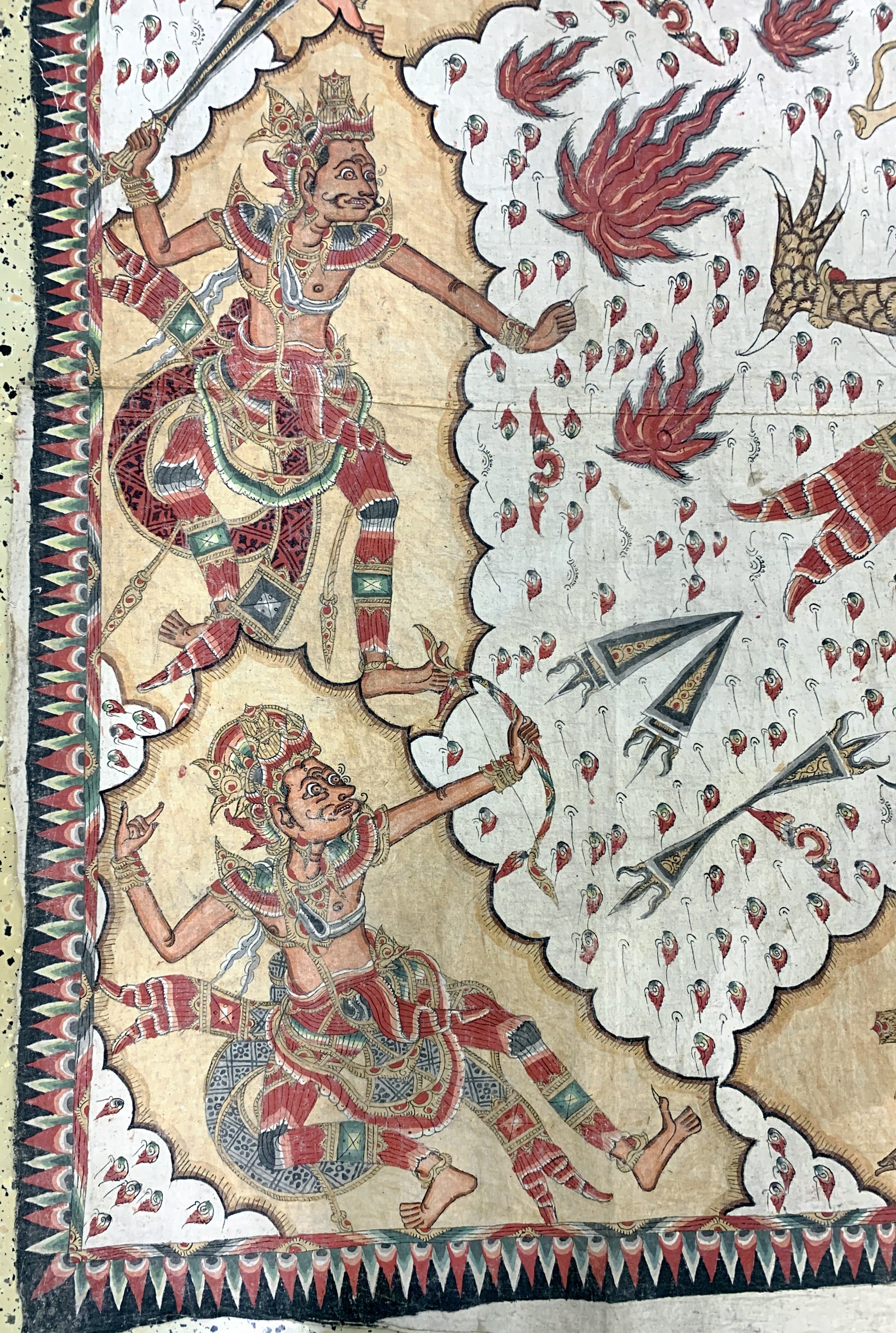 Detail a: Balinesische Malerei im Wayang-Stil . Darstellung von Götter, Dämonen, Helden und Szenen aus dem hinduistischen Mythos,Mitte 20.Jhd, Handmalerei ...