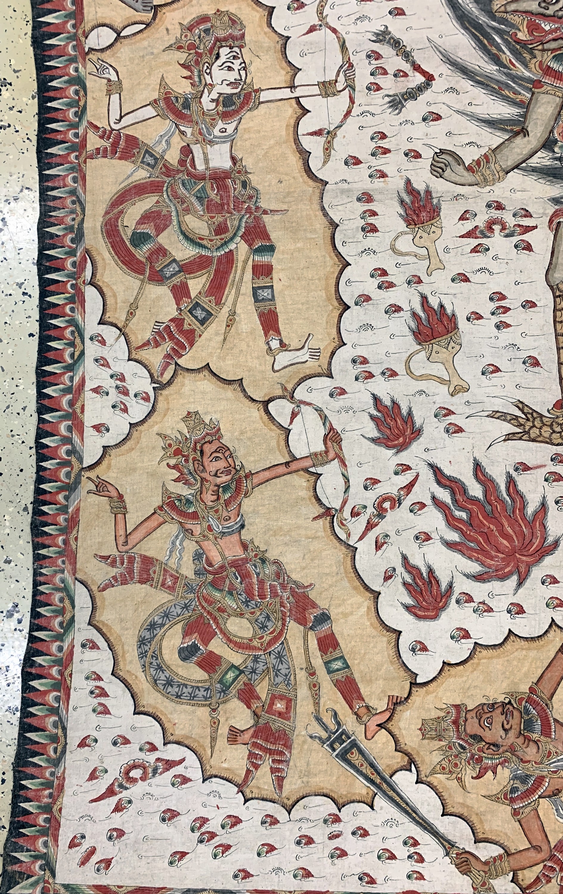 Detail b: Balinesische Malerei im Wayang-Stil . Darstellung von Götter, Dämonen, Helden und Szenen aus dem hinduistischen Mythos,Mitte 20.Jhd, Handmalerei ...