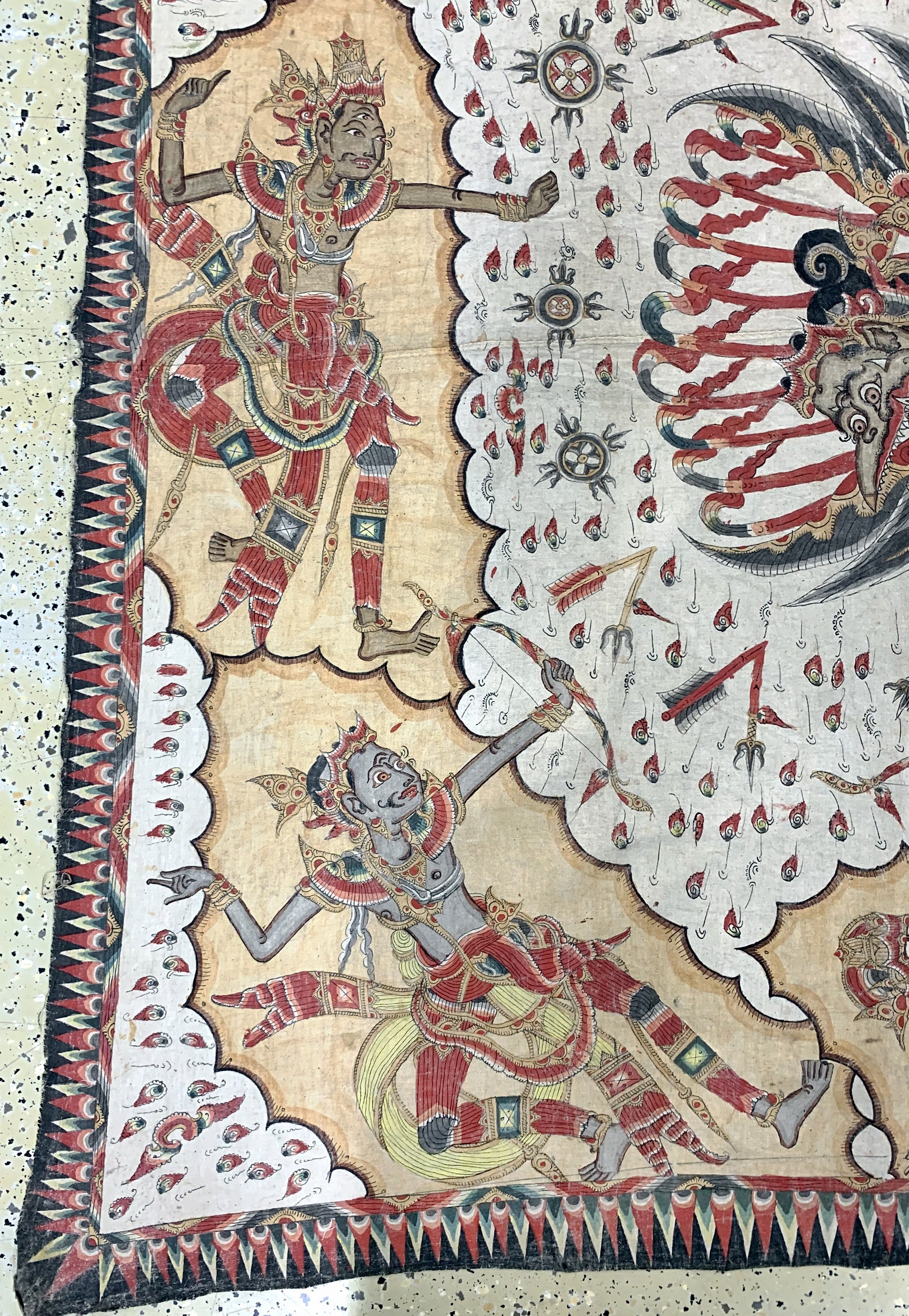 Detail c: Balinesische Malerei im Wayang-Stil . Darstellung von Götter, Dämonen, Helden und Szenen aus dem hinduistischen Mythos,Mitte 20.Jhd, Handmalerei ...