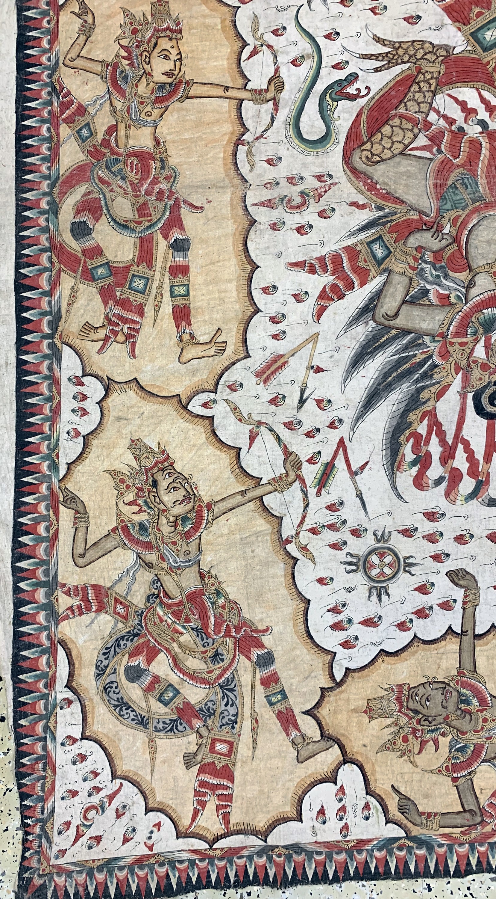 Detail d: Balinesische Malerei im Wayang-Stil . Darstellung von Götter, Dämonen, Helden und Szenen aus dem hinduistischen Mythos,Mitte 20.Jhd, Handmalerei ...