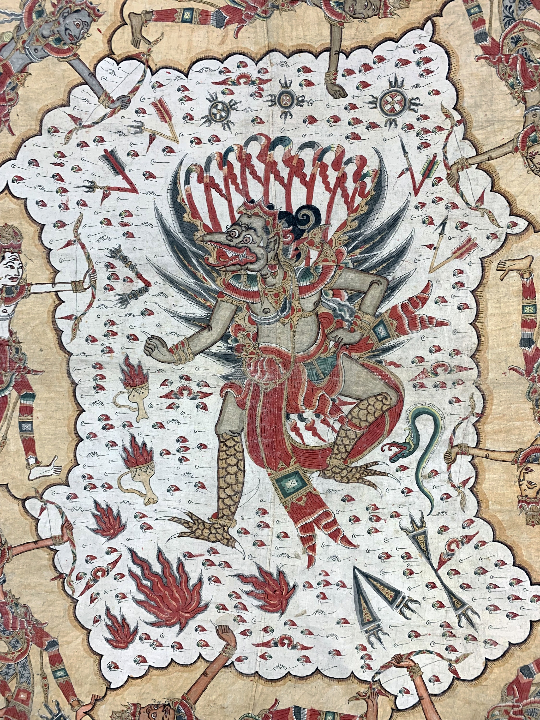 Detail e: Balinesische Malerei im Wayang-Stil . Darstellung von Götter, Dämonen, Helden und Szenen aus dem hinduistischen Mythos,Mitte 20.Jhd, Handmalerei ...