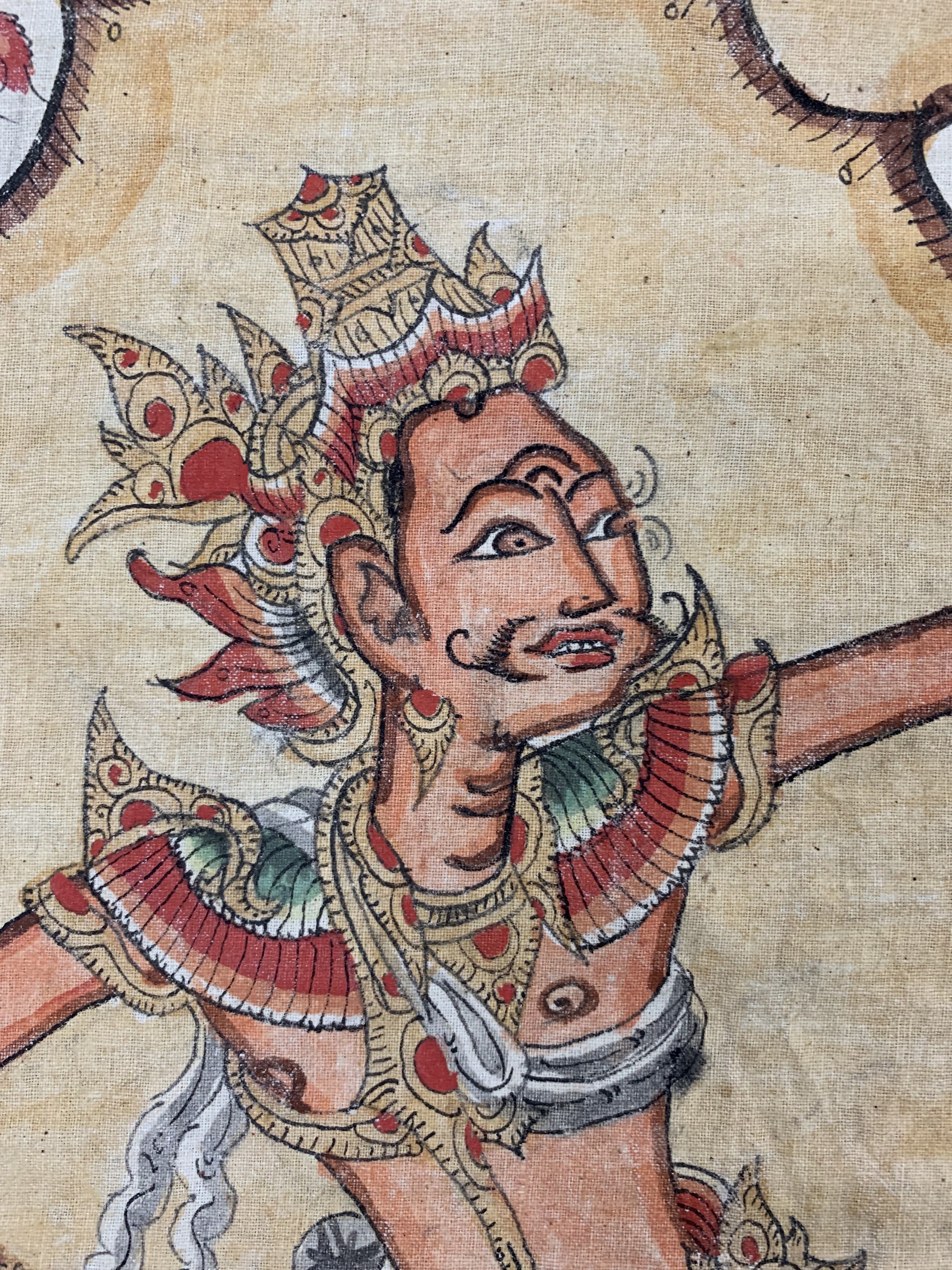 Detail f: Balinesische Malerei im Wayang-Stil . Darstellung von Götter, Dämonen, Helden und Szenen aus dem hinduistischen Mythos,Mitte 20.Jhd, Handmalerei ...