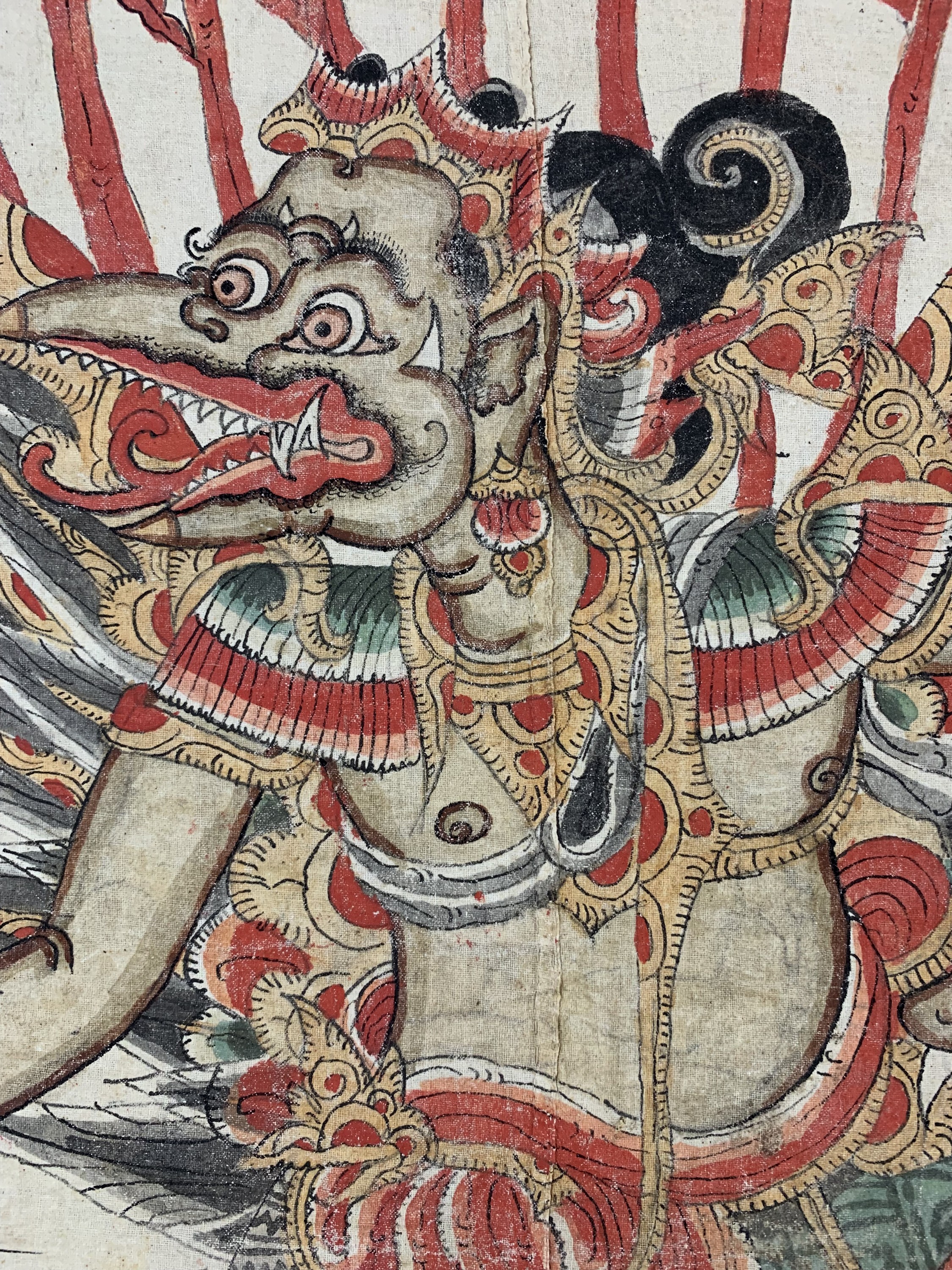 Detail g: Balinesische Malerei im Wayang-Stil . Darstellung von Götter, Dämonen, Helden und Szenen aus dem hinduistischen Mythos,Mitte 20.Jhd, Handmalerei ...