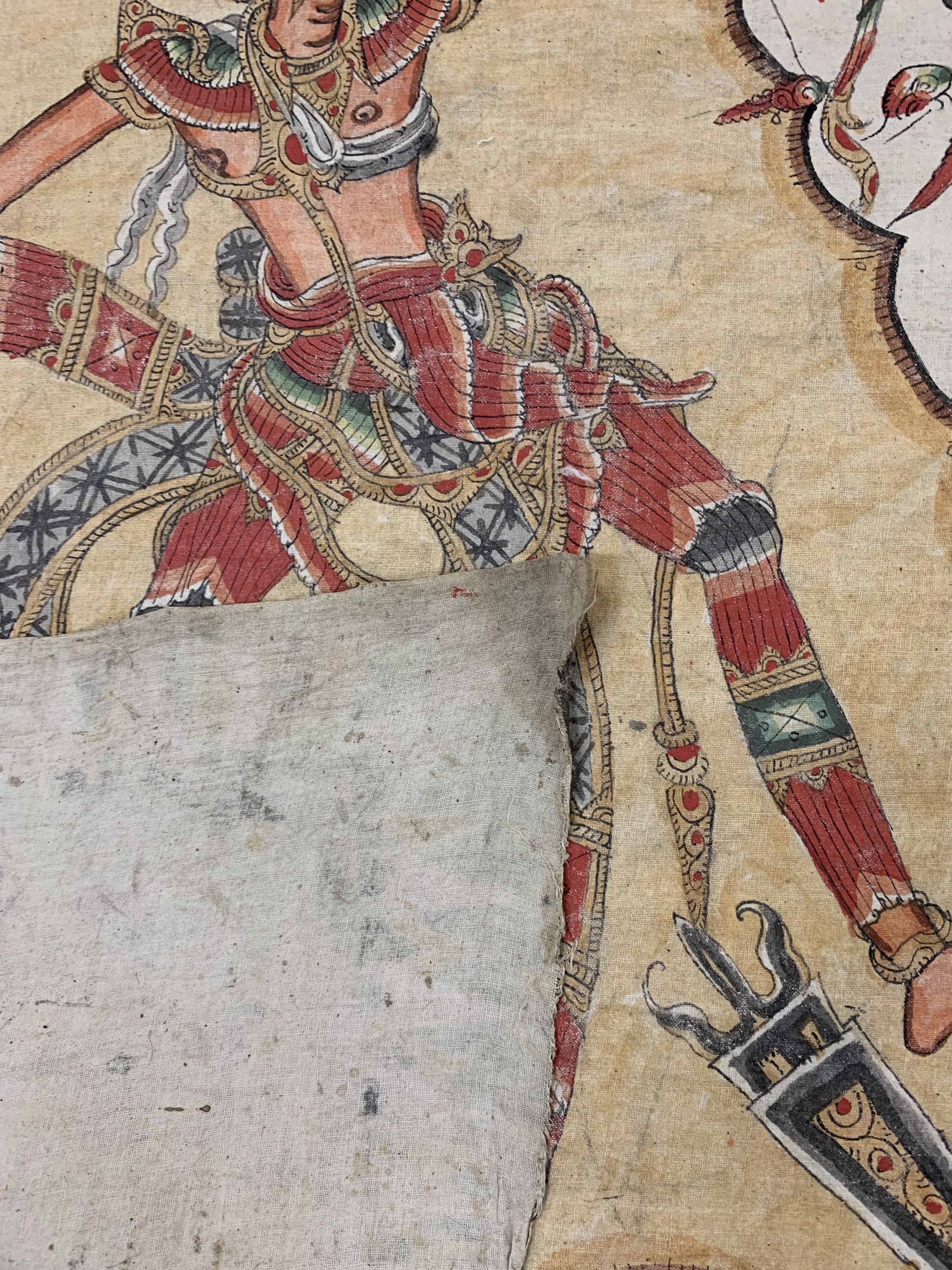 Detail h: Balinesische Malerei im Wayang-Stil . Darstellung von Götter, Dämonen, Helden und Szenen aus dem hinduistischen Mythos,Mitte 20.Jhd, Handmalerei ...
