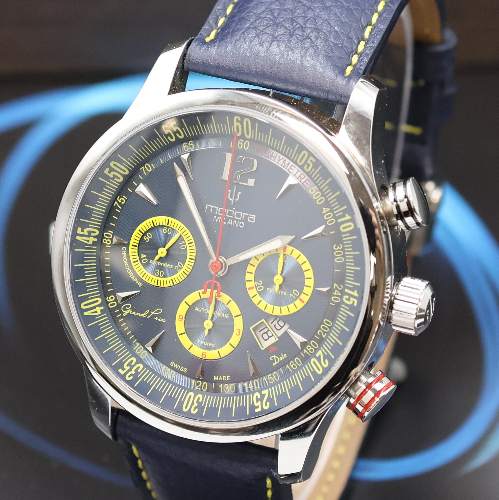 Detail a: MODORA Milano Grand Prix Armbandchronograph,Automatik, Schweiz um 2020, beids. vergl. Edelstahlgeh. inkl. orig. Lederband m. orig. Faltschl., Boden ...