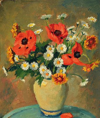 Image 26948495 - Fritz Preiss, 1883 Stettin-1943, Blumenstillleben mit Margeriten und Mohn, Öl/Lwd, ...