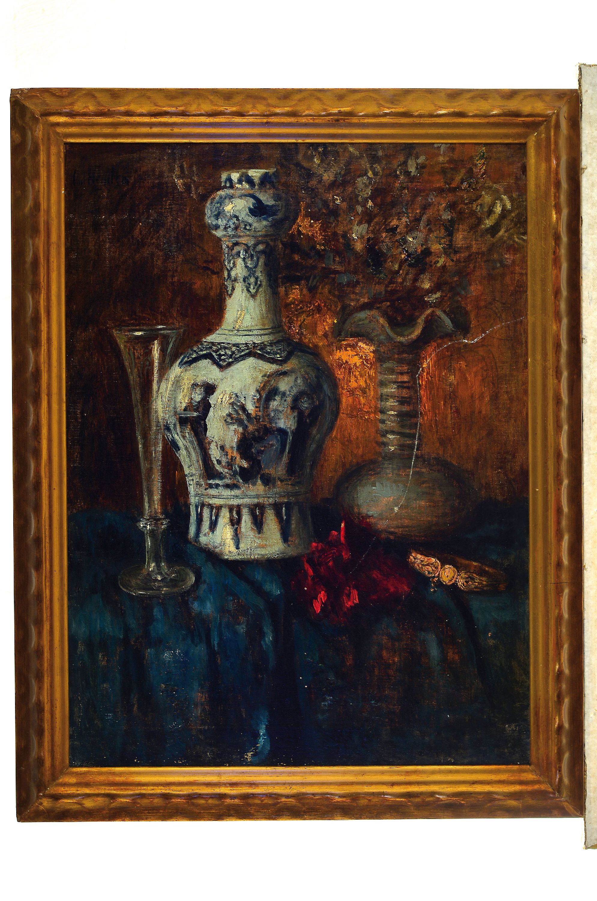 Detail k: Carl Heyen, 1845 Köln - 1933 Düsseldorf, Stillleben mit Vasen, Glas und Blumen, Öl/Lwd., re. oben schwach signiert, ca. 63 x 47 cm, Rahmen ca. ...
