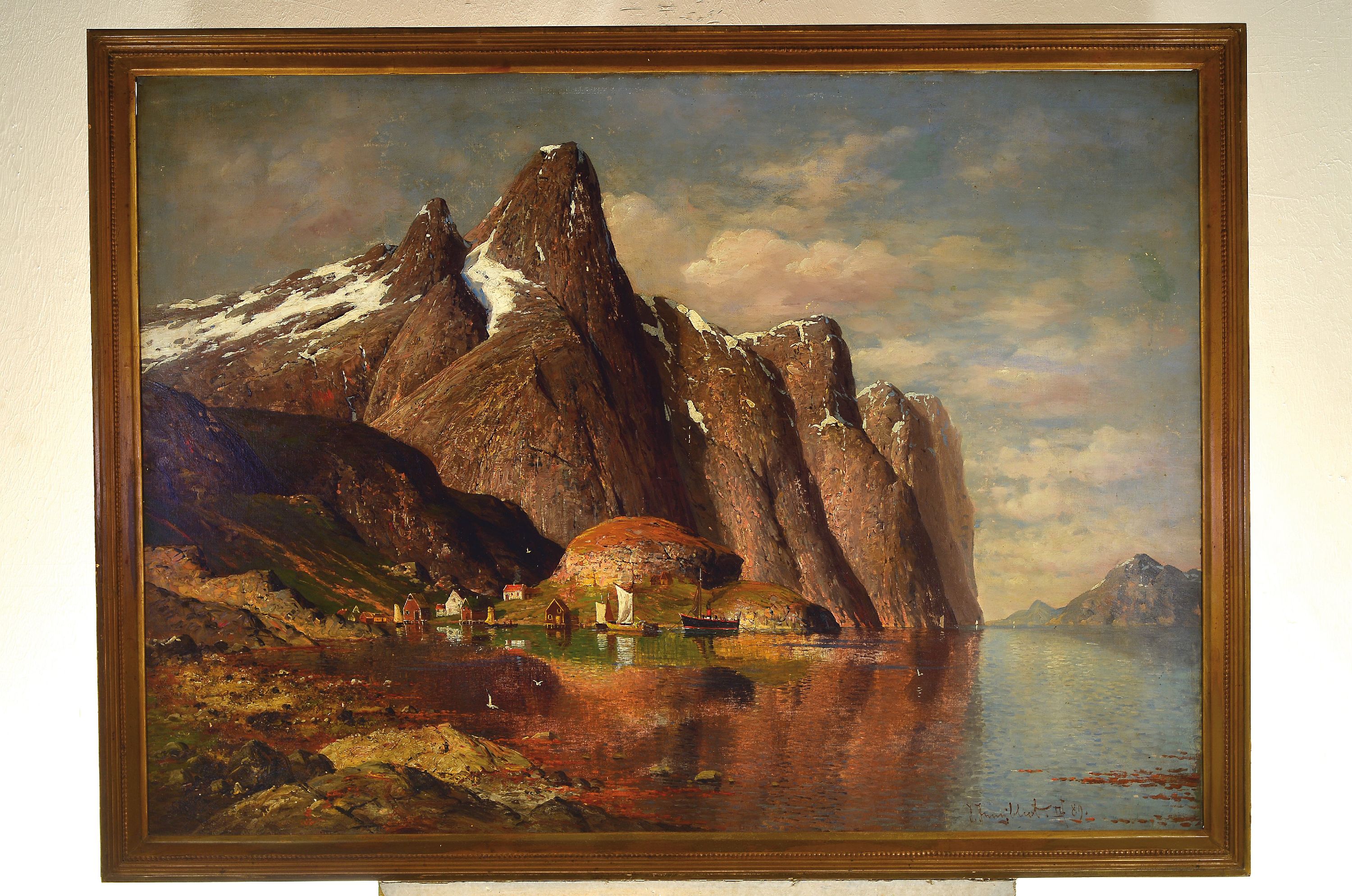 Detail k: Johann Jungblut, 1860 Saarburg - 1912 Düsseldorf, Landschaftsmaler Düsseldorfer Schule, großformatige winterliche Fjordlandschaft mit Booten, ...