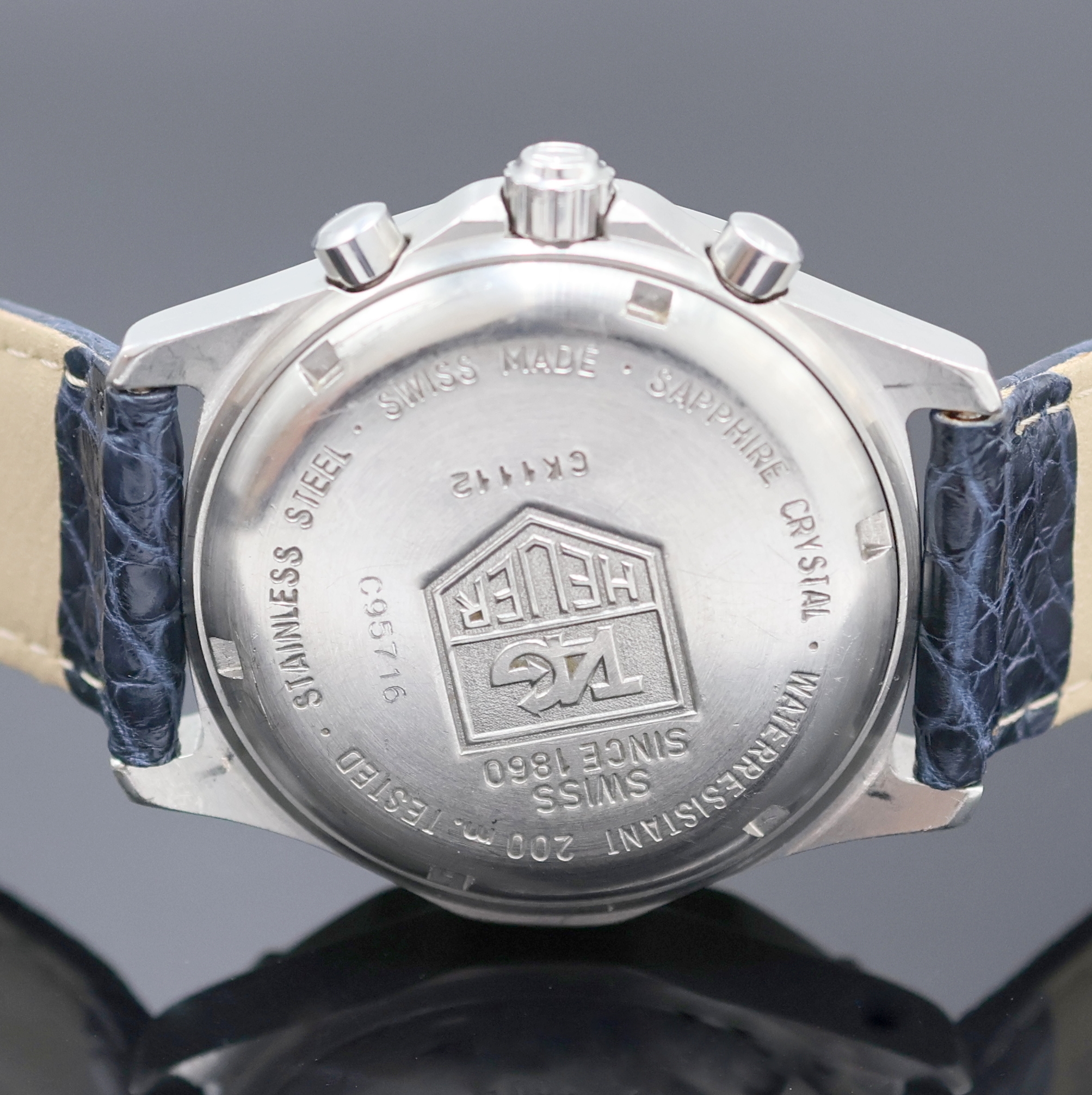 Detail d: TAG HEUER Professional Armbandchronograph in Stahl Referenz CK1112, Schweiz um 1998, Boden und Krone verschr., neutr. Lederband, Lünette m. 60er ...
