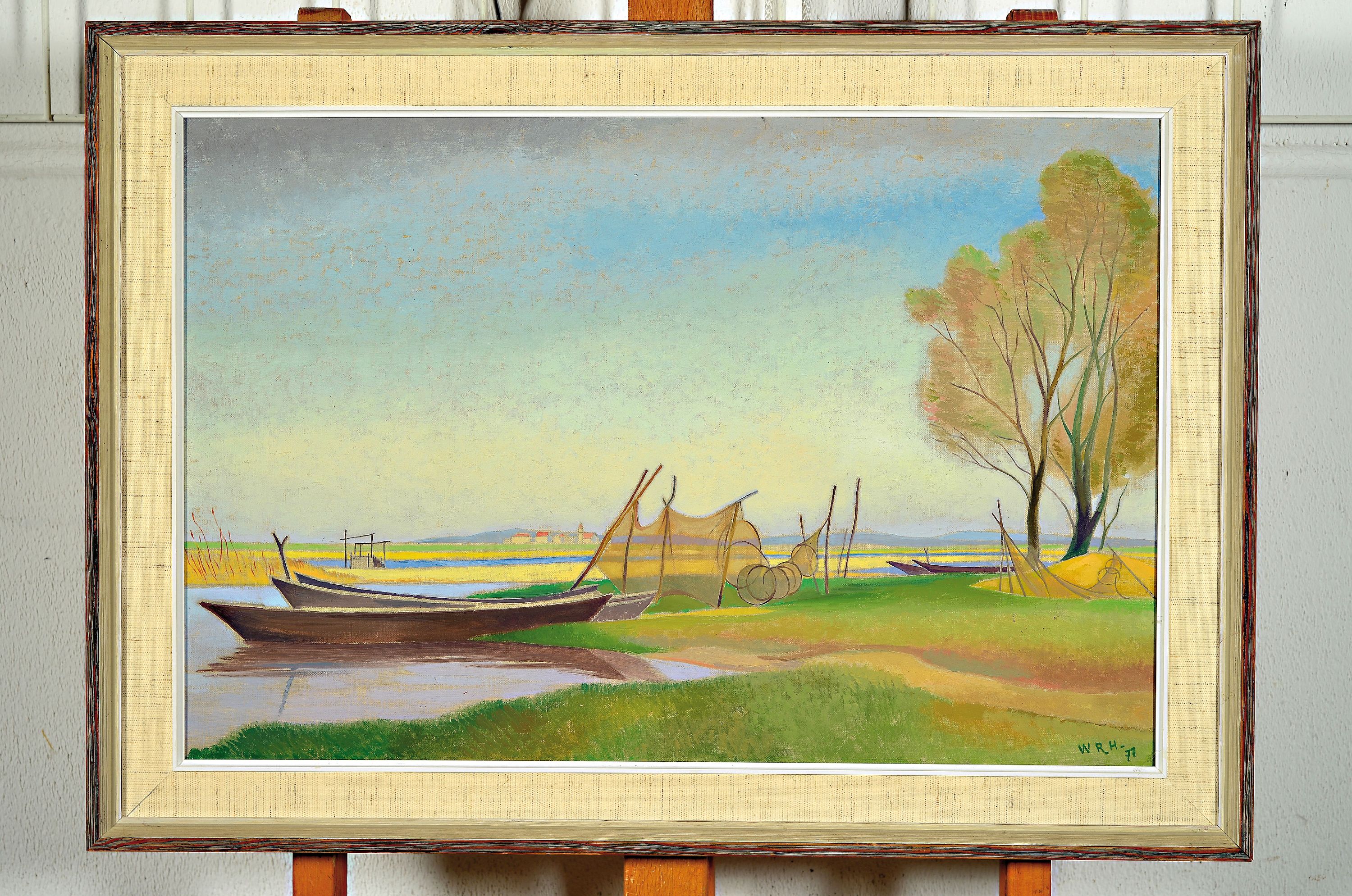 Detail k: Habicht, Walter Rollemann, 1906 Berlin - 1999 Darmstadt, Sommerlandschaft mit Fischerbooten, Öl/Lwd., signiert, dat.77, 40 x 60 cm, Rahmen, ca. 50 x ...