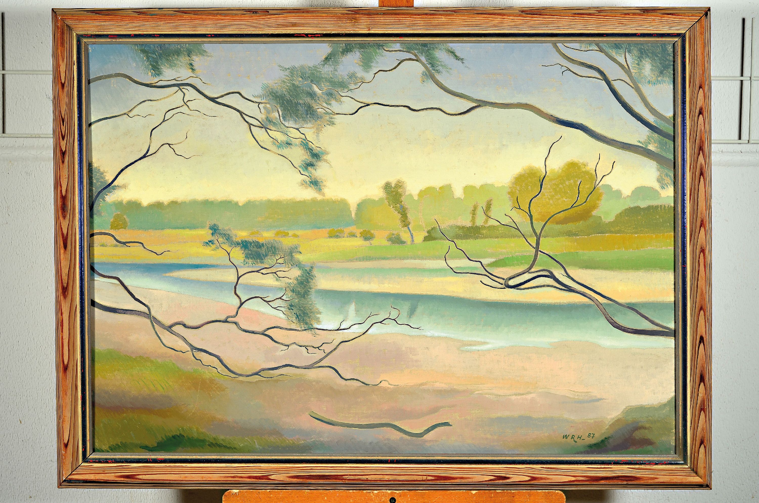 Detail k: Habicht, Walter Rollemann, 1906 Berlin - 1999 Darmstadt, sommerliche Flußlandschaft. Öl/Lwd., "am Altrhein", monogr. und dat. 87 85 x 60 ...