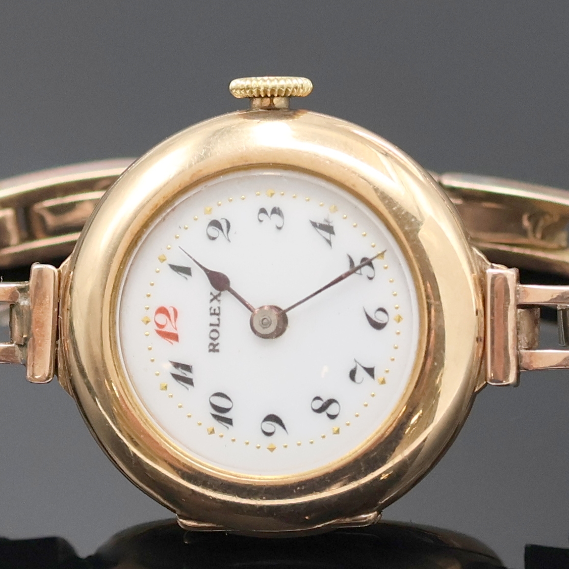 Detail a: ROLEX frühe Damenarmbanduhr in RG 375/000 am Goldband, Schweiz / England Hallmark Birmingham 1918, Handaufzug, glattes Scharniergeh. von Dennison m. ...