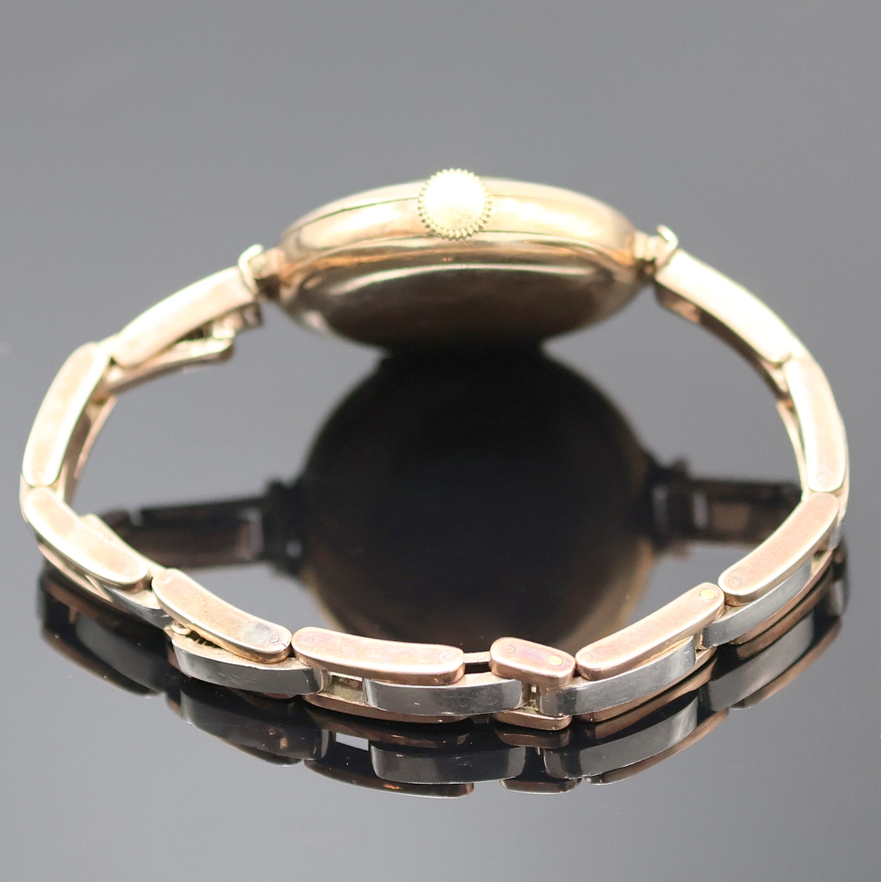 Detail b: ROLEX frühe Damenarmbanduhr in RG 375/000 am Goldband, Schweiz / England Hallmark Birmingham 1918, Handaufzug, glattes Scharniergeh. von Dennison m. ...