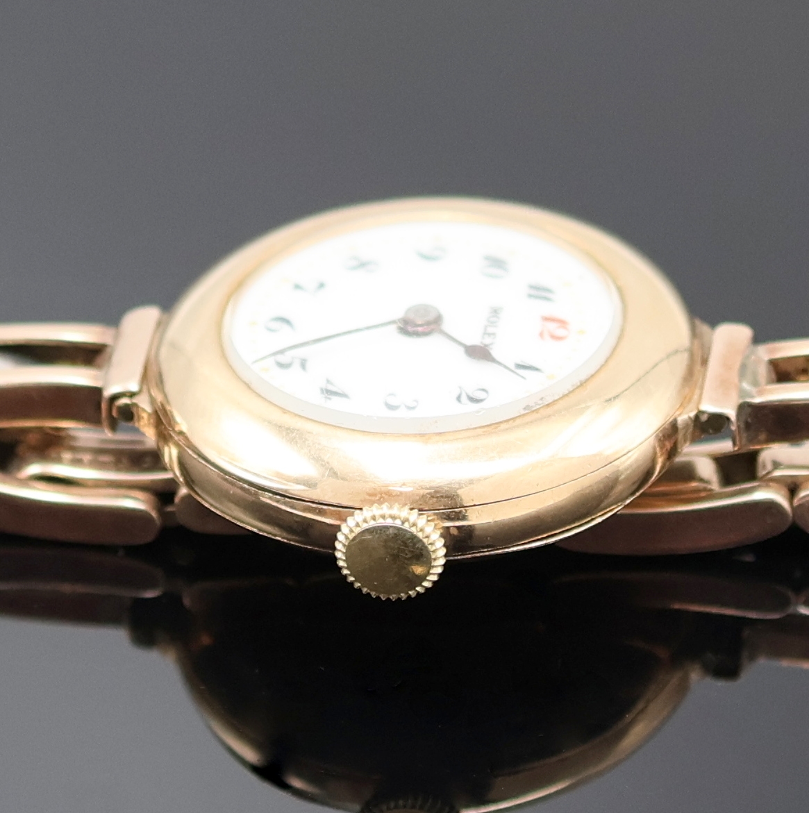 Detail c: ROLEX frühe Damenarmbanduhr in RG 375/000 am Goldband, Schweiz / England Hallmark Birmingham 1918, Handaufzug, glattes Scharniergeh. von Dennison m. ...