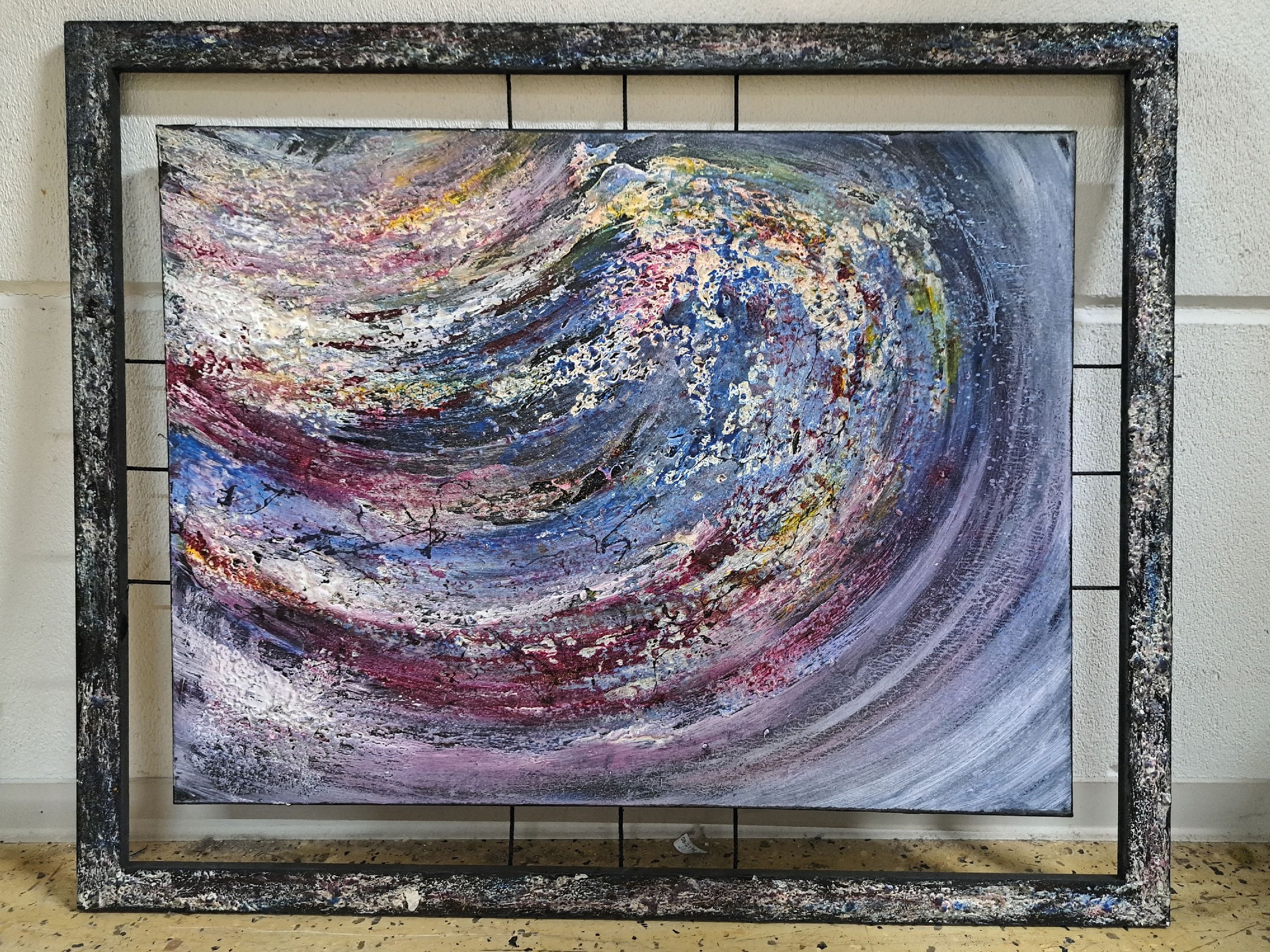 Detail k: Gustav Armbrust, geb. 1951 Schwetzingen, ohne Titel, Acryl auf Lwd, rückseitig signiert, ca. 60x80cm, ungewöhnliche Rahmung mit bemaltem Holz und ...