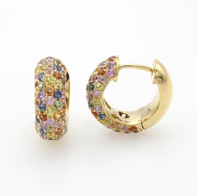 Image Paar Klappcreolen mit Saphiren, GG 750/000, 118 bunte Saphire zus. ca. 2.83 ct ...