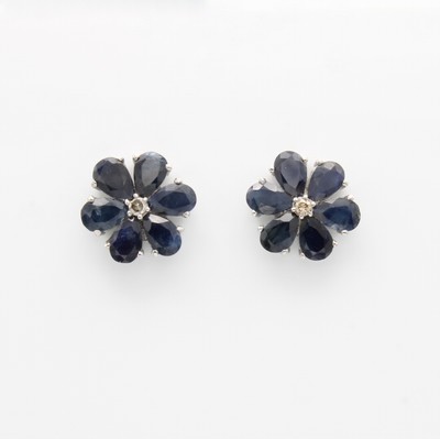 Image Paar Ohrstecker "Blüten" mit Saphiren und Diamanten, 925er Silber, ...