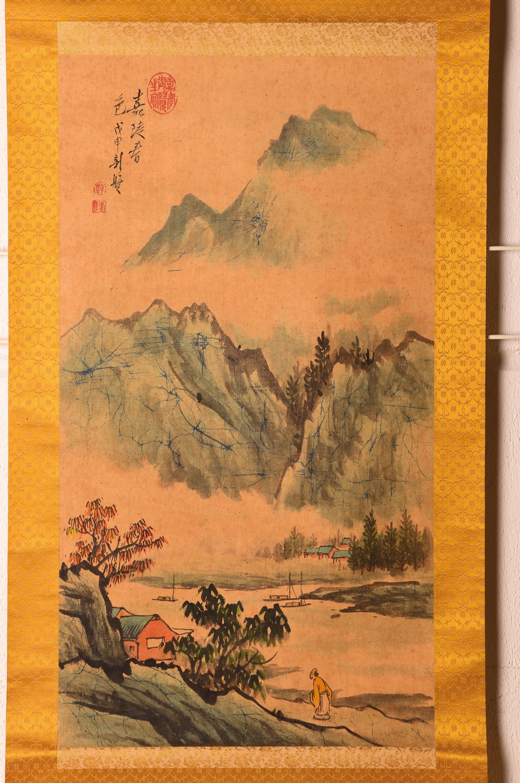 Detail a: 3 aquarellierte Tuschbilder, Japan, 20. Jh., Landschaft, Pflanze und Porträt einer Frau, eine Rolle, gesamt ca. 143 x 59 cm, ca. 90 x 46 cm, 120 x ...