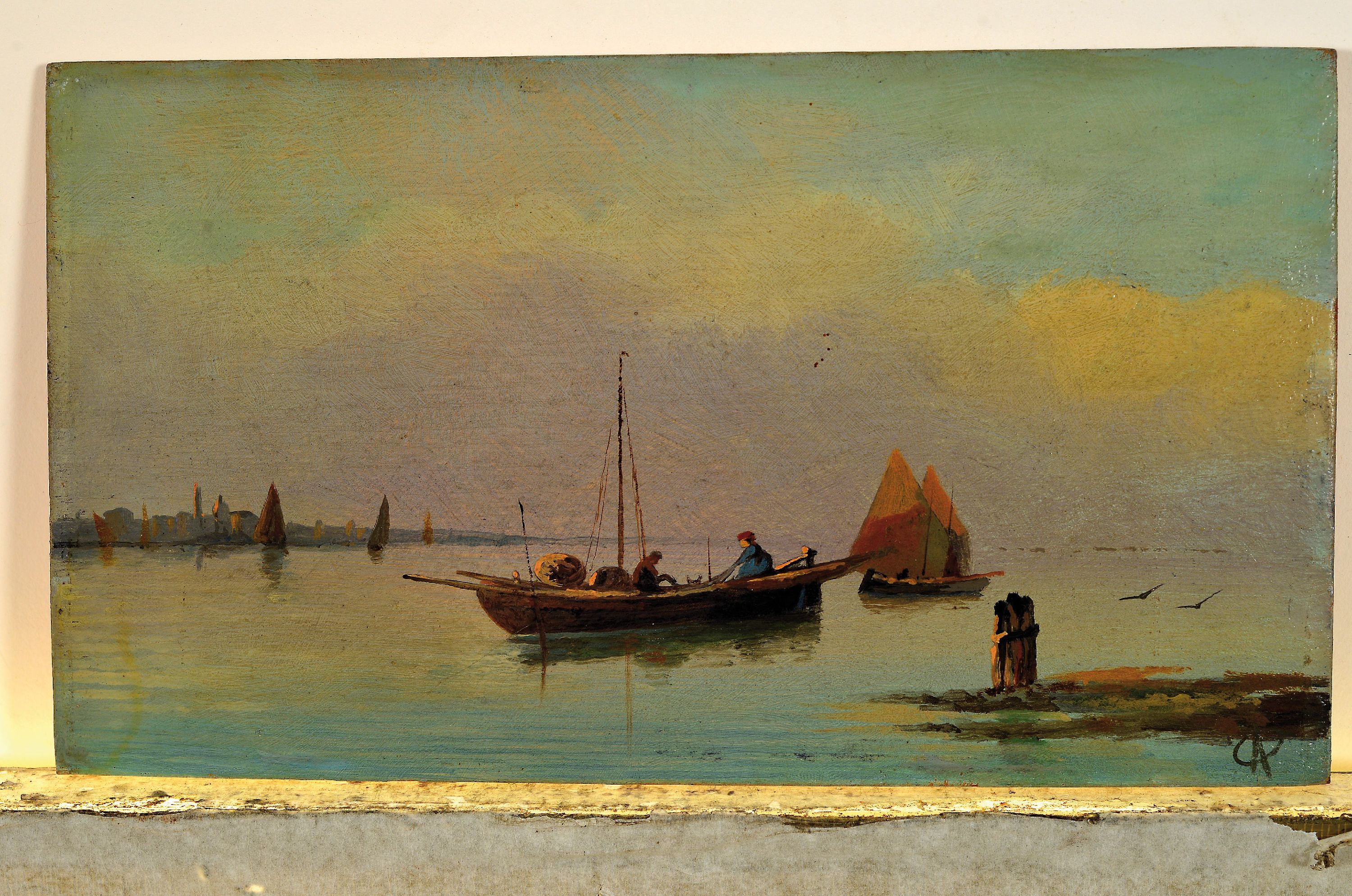 Detail k: Monogrammist OA, Maler um 1900, Fischerboot vor Venedig in der Morgendämmerung, stimmungsvolle miniaturhafte Malerei, re. u. monogrammiert OA, ca. ...