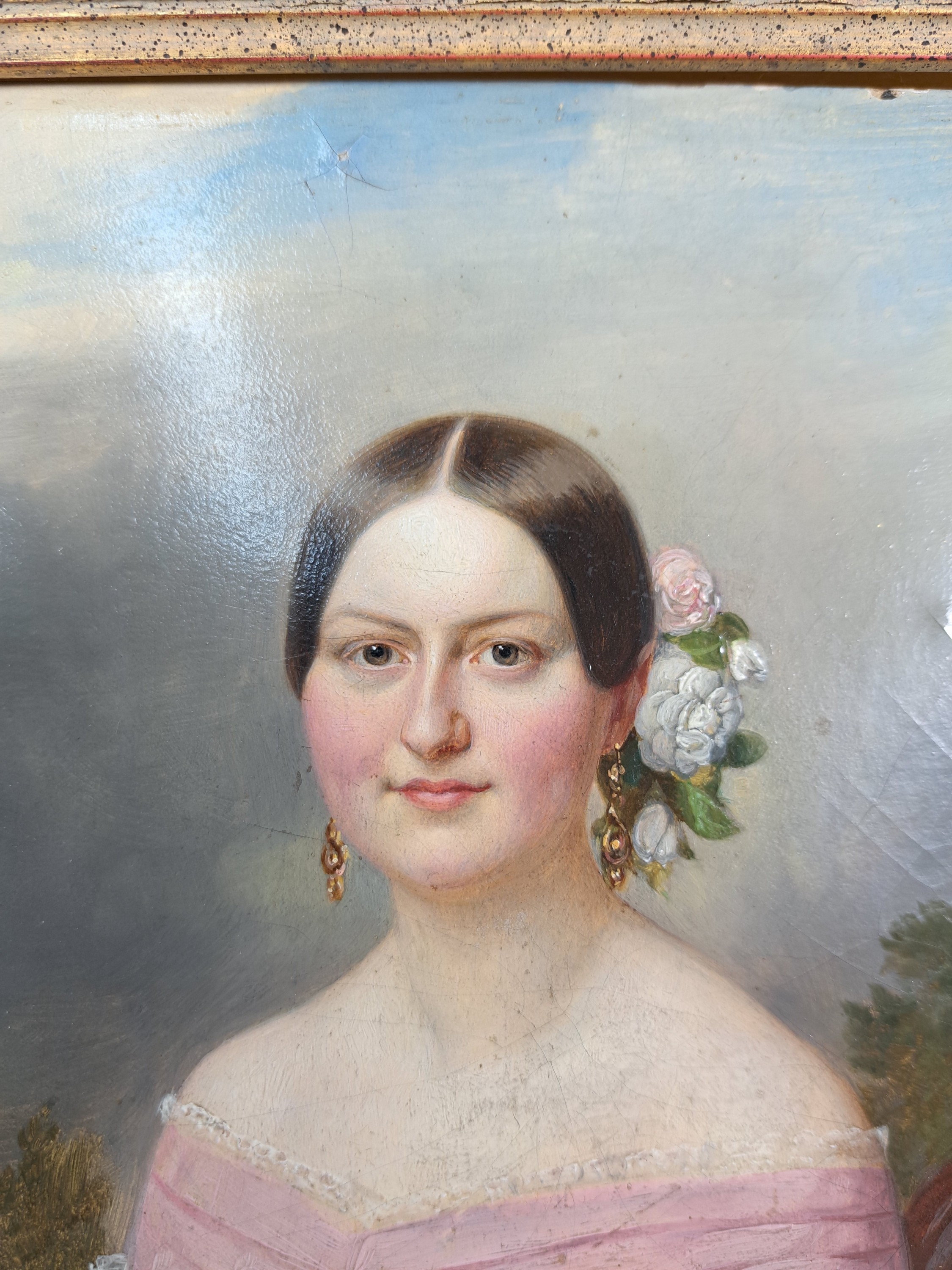 Detail t: Unbekannter Künstler, 19. Jahrhundert, zwei Porträts junger adeliger Damen, rückseitig unleserlich, bezeichnet Albertine.... Lüderitz bzw. ...