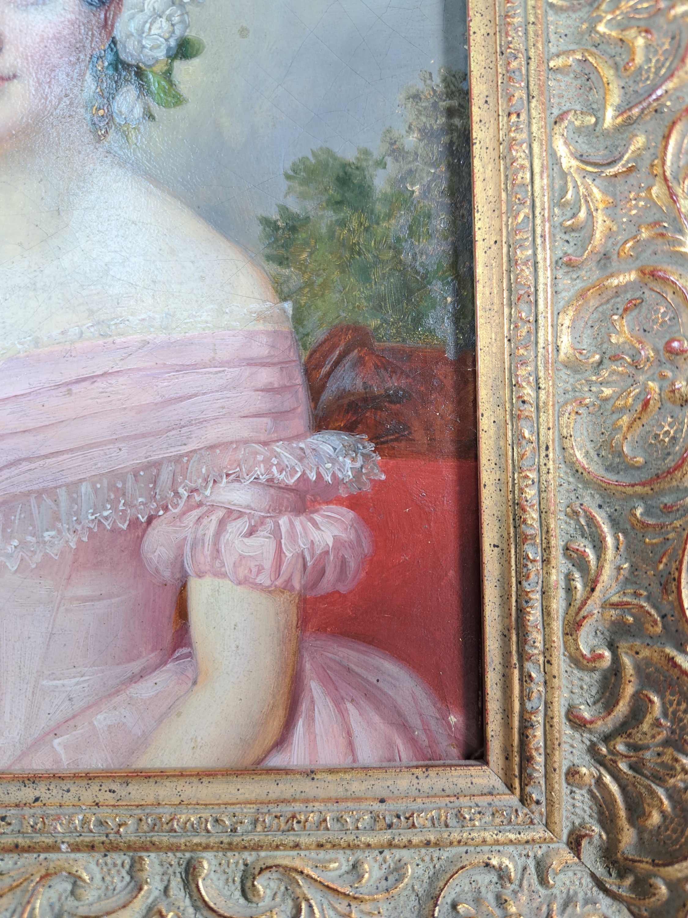 Detail w: Unbekannter Künstler, 19. Jahrhundert, zwei Porträts junger adeliger Damen, rückseitig unleserlich, bezeichnet Albertine.... Lüderitz bzw. ...
