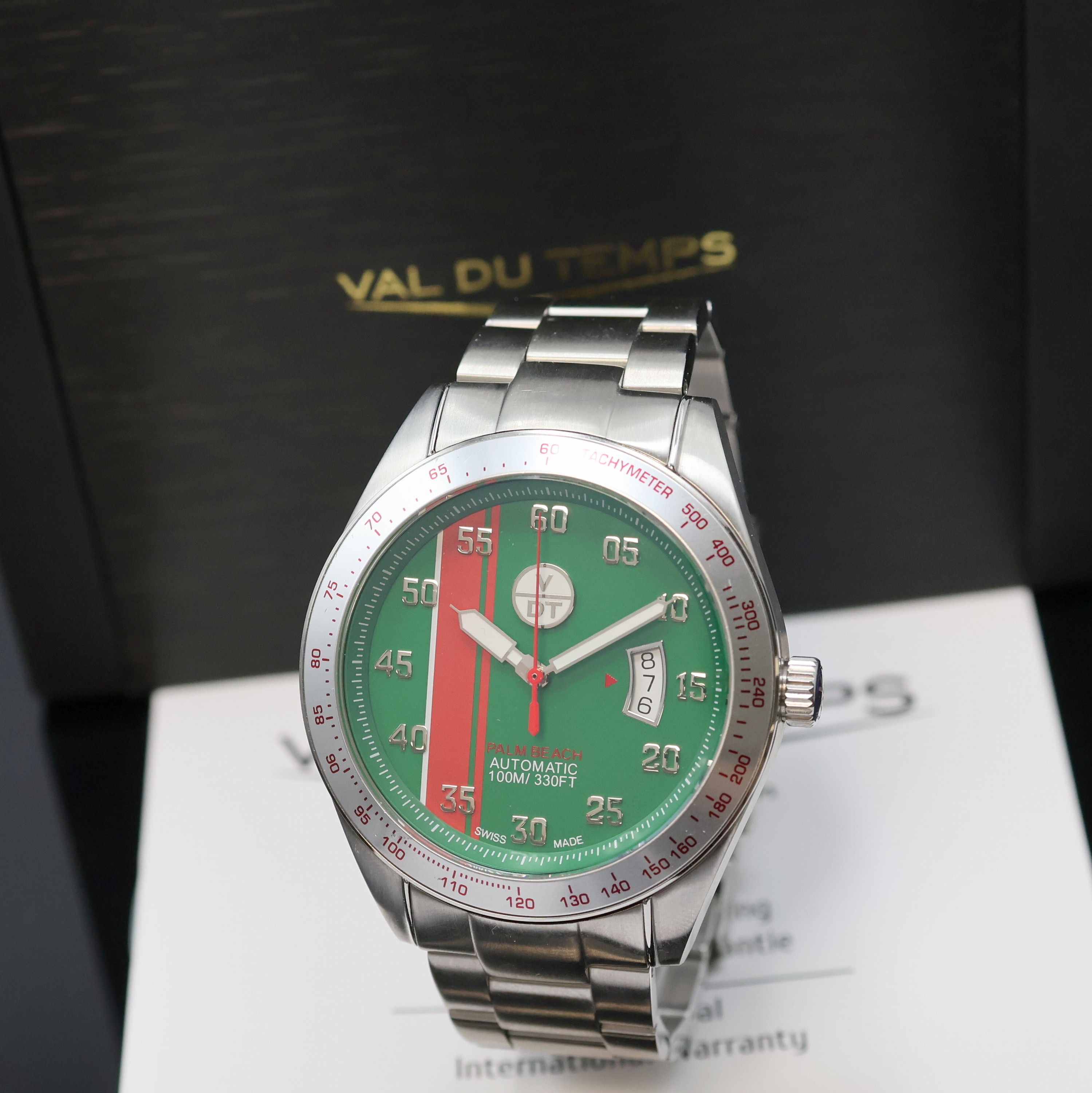 VAL DU TEMPS Herrenarmbanduhr Palm Beach, Automatik, Schweiz um 2020, beids. vergl. Edelstahlgeh. inkl. Gliederband m. Faltschl., Boden und Krone ...