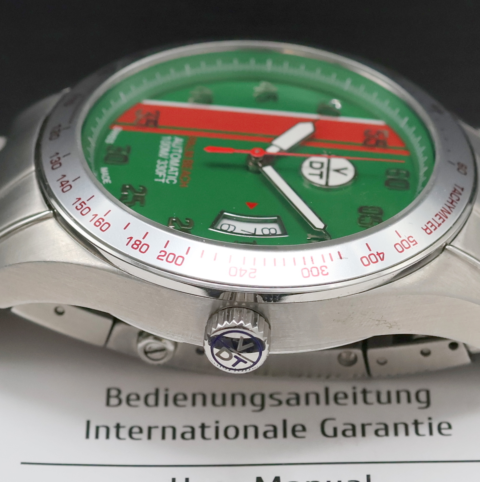 Detail c: VAL DU TEMPS Herrenarmbanduhr Palm Beach, Automatik, Schweiz um 2020, beids. vergl. Edelstahlgeh. inkl. Gliederband m. Faltschl., Boden und Krone ...