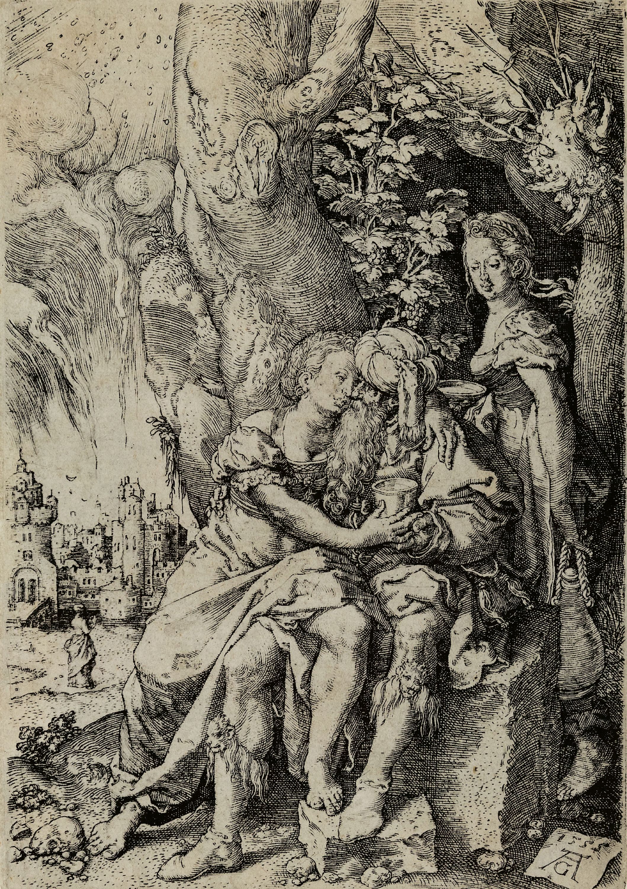 Heinrich Aldegrever, 1502 Paderborn- um 1555 Soest, Lot und seine Töchter, Blatt 4 von 4 der Folge, "Geschichte von Lot", Kupferstich auf ...