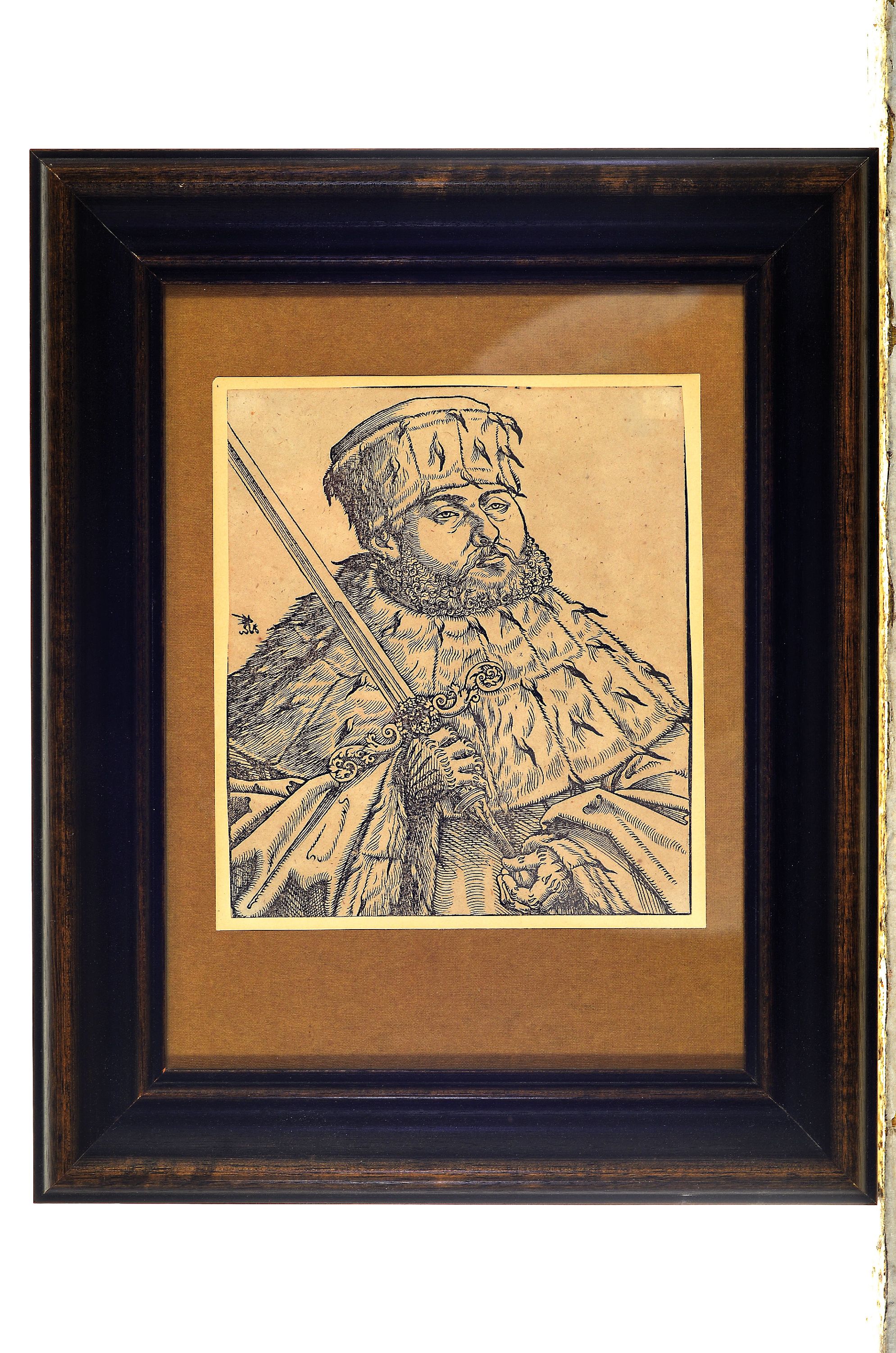 Detail k: Lucas Cranach, nach 1472 - 1553, Johann Friedrich der Großmütige, Kurfürst von Sachsen, Holzschnitt auf Papier, beschnitten, späterer Nachdruck, ...