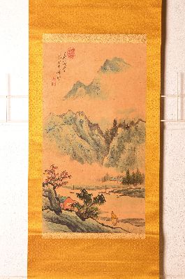 Image 26948866 - 3 aquarellierte Tuschbilder, Japan, 20. Jh., Landschaft, Pflanze und Porträt einer ...