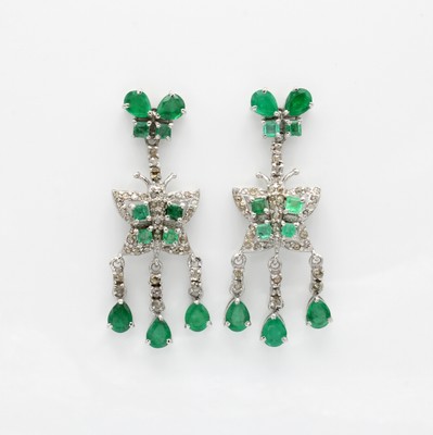Image Paar Ohrstecker "Schmetterlinge" mit Smaragdenund Diamanten, 925er Silber, ...
