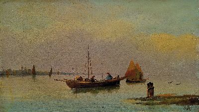 Image 26948870 - Monogrammist OA, Maler um 1900, Fischerboot vor Venedig in der Morgendämmerung, ...