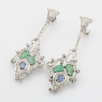 Image Paar Ohrgehänge mit Farbsteinen und Diamanten, 925er Silber, ornamentreiches ...