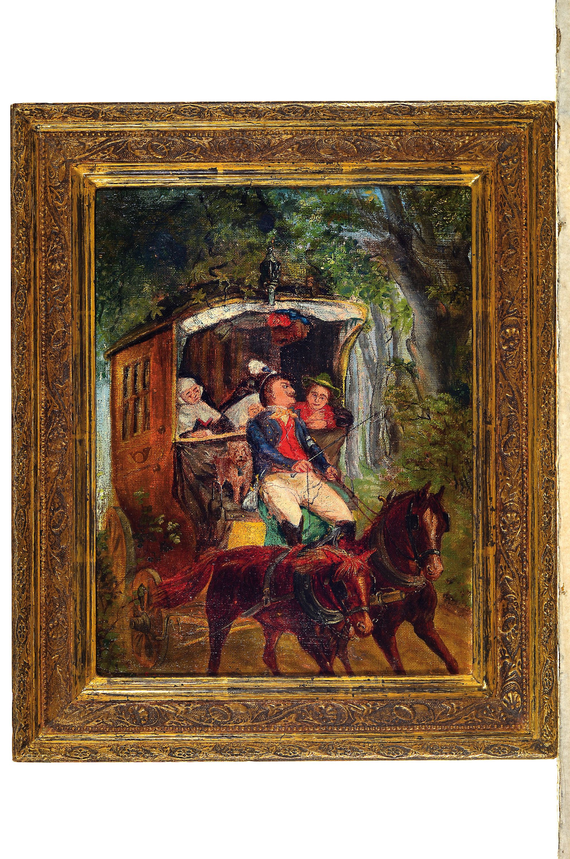Detail k: E. Blau, Maler der 2. Hälfte des 19. Jh., zweispännige Kutsche mit Nonnen als Fahrgästen, Öl/Lwd, links unten sign., ca. 33x25cm, R. ca. 41x33cm