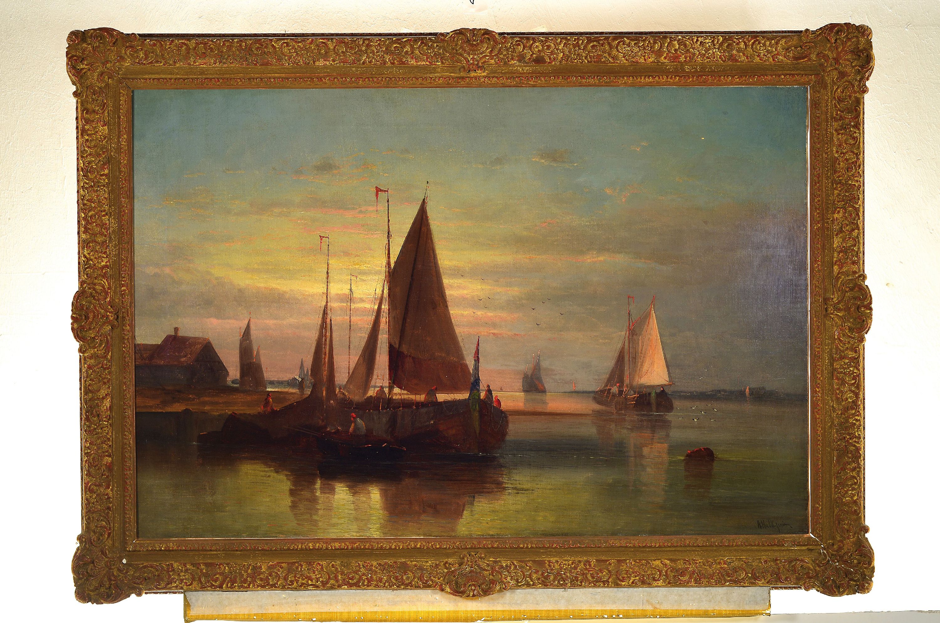 Detail k: Abraham Hulk jun., 1851-1922, Segelboote bei Sonnenaufgang auf ruhiger See, Öl/Lwd, rechts unten signiert, ca. 60x90cm, R. ca. 76x106cm