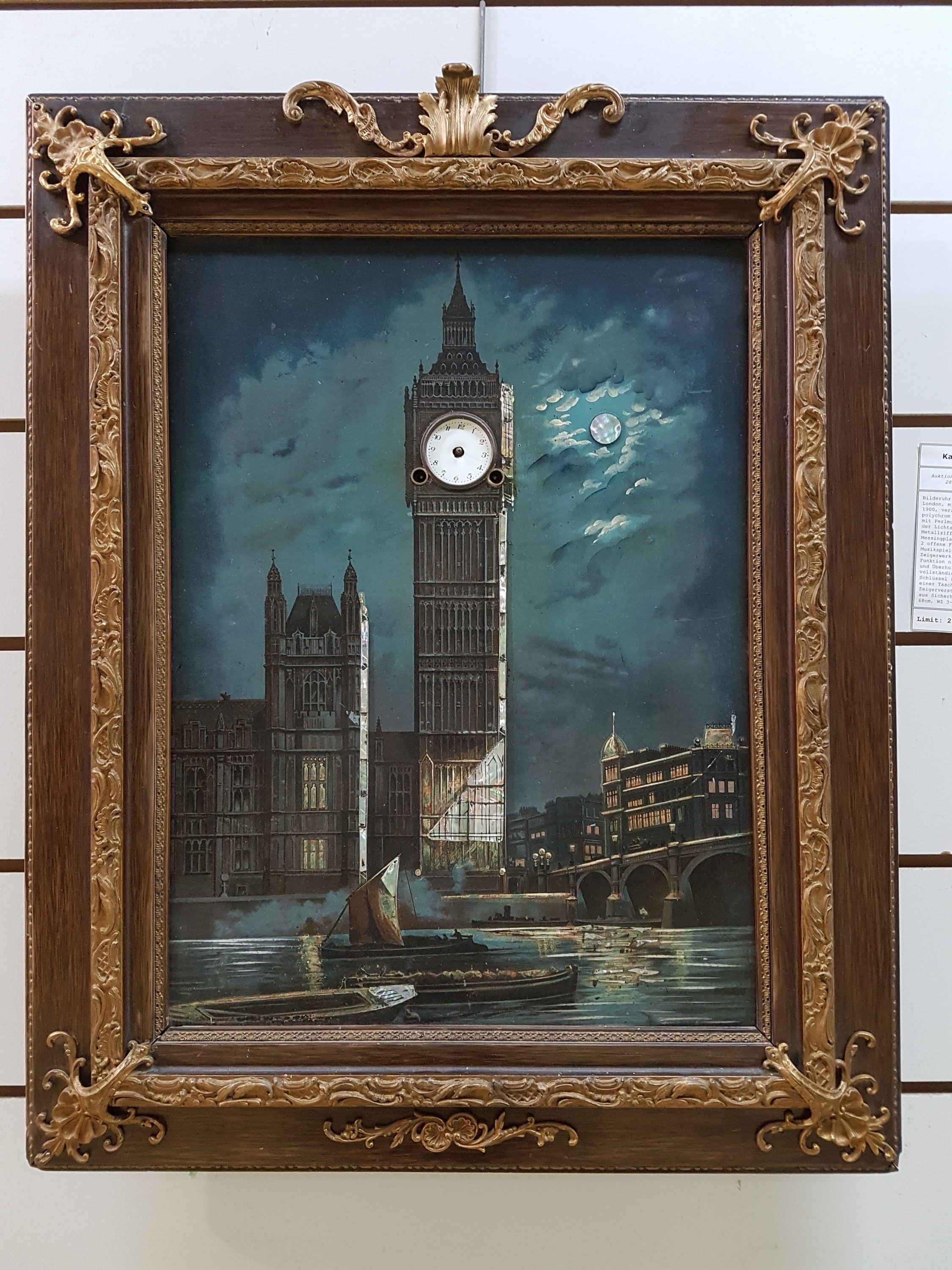Detail a: Bilderuhr mit Ansicht des Big Ben London, mit Musikspielwerk, England um 1900, verzierter Rahmen (min. besch.), polychrom lithographiert auf Metall, ...