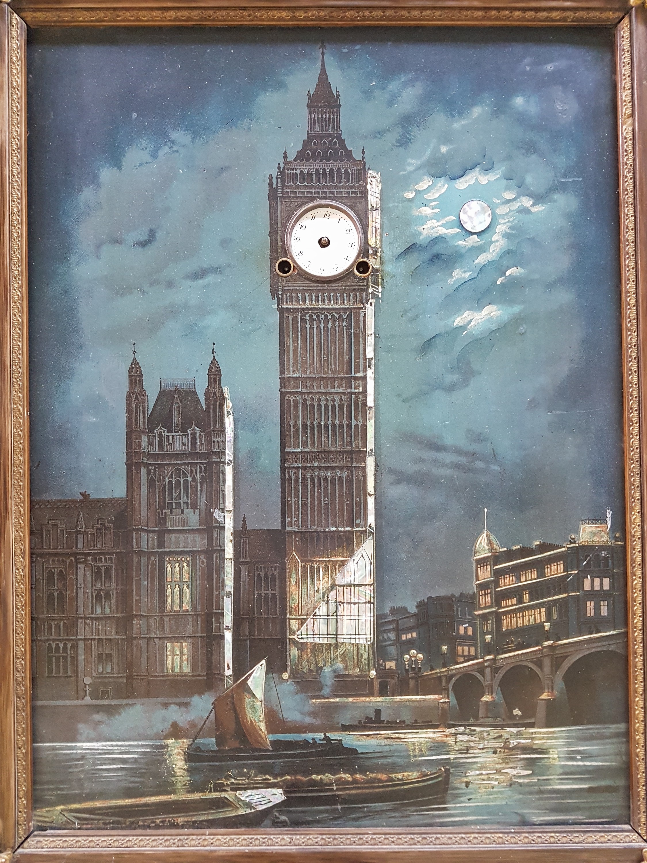 Detail b: Bilderuhr mit Ansicht des Big Ben London, mit Musikspielwerk, England um 1900, verzierter Rahmen (min. besch.), polychrom lithographiert auf Metall, ...