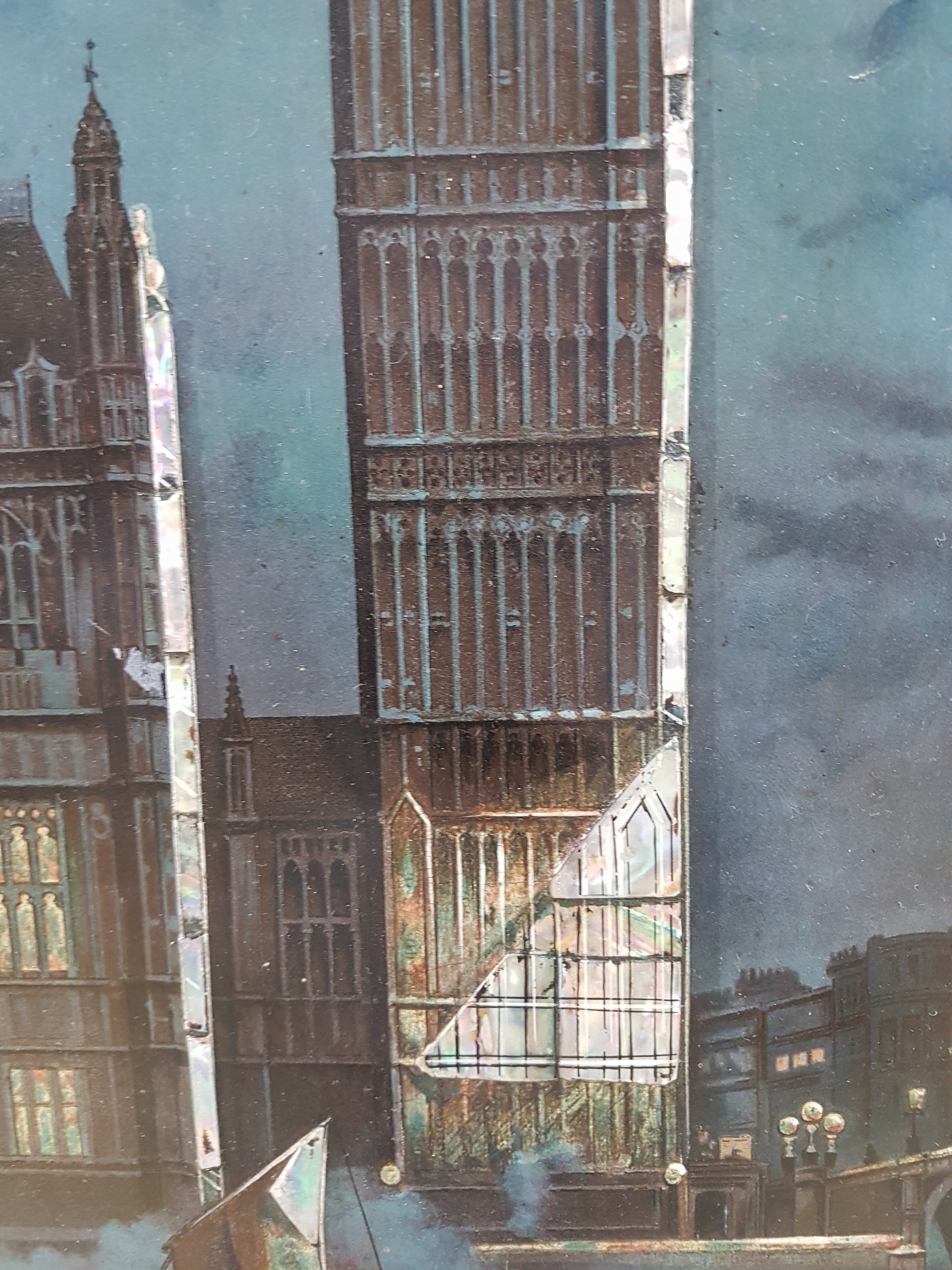 Detail d: Bilderuhr mit Ansicht des Big Ben London, mit Musikspielwerk, England um 1900, verzierter Rahmen (min. besch.), polychrom lithographiert auf Metall, ...