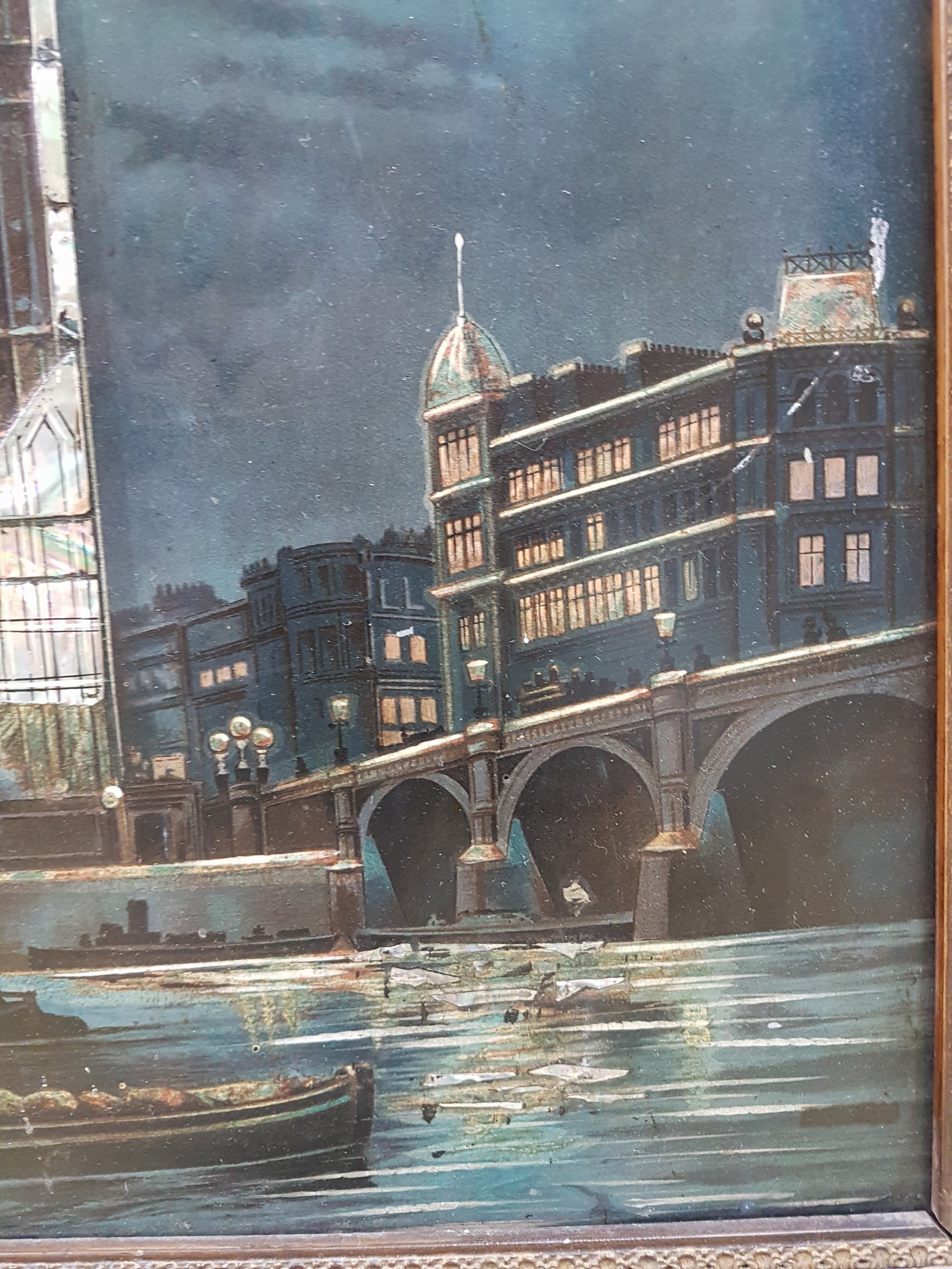 Detail e: Bilderuhr mit Ansicht des Big Ben London, mit Musikspielwerk, England um 1900, verzierter Rahmen (min. besch.), polychrom lithographiert auf Metall, ...