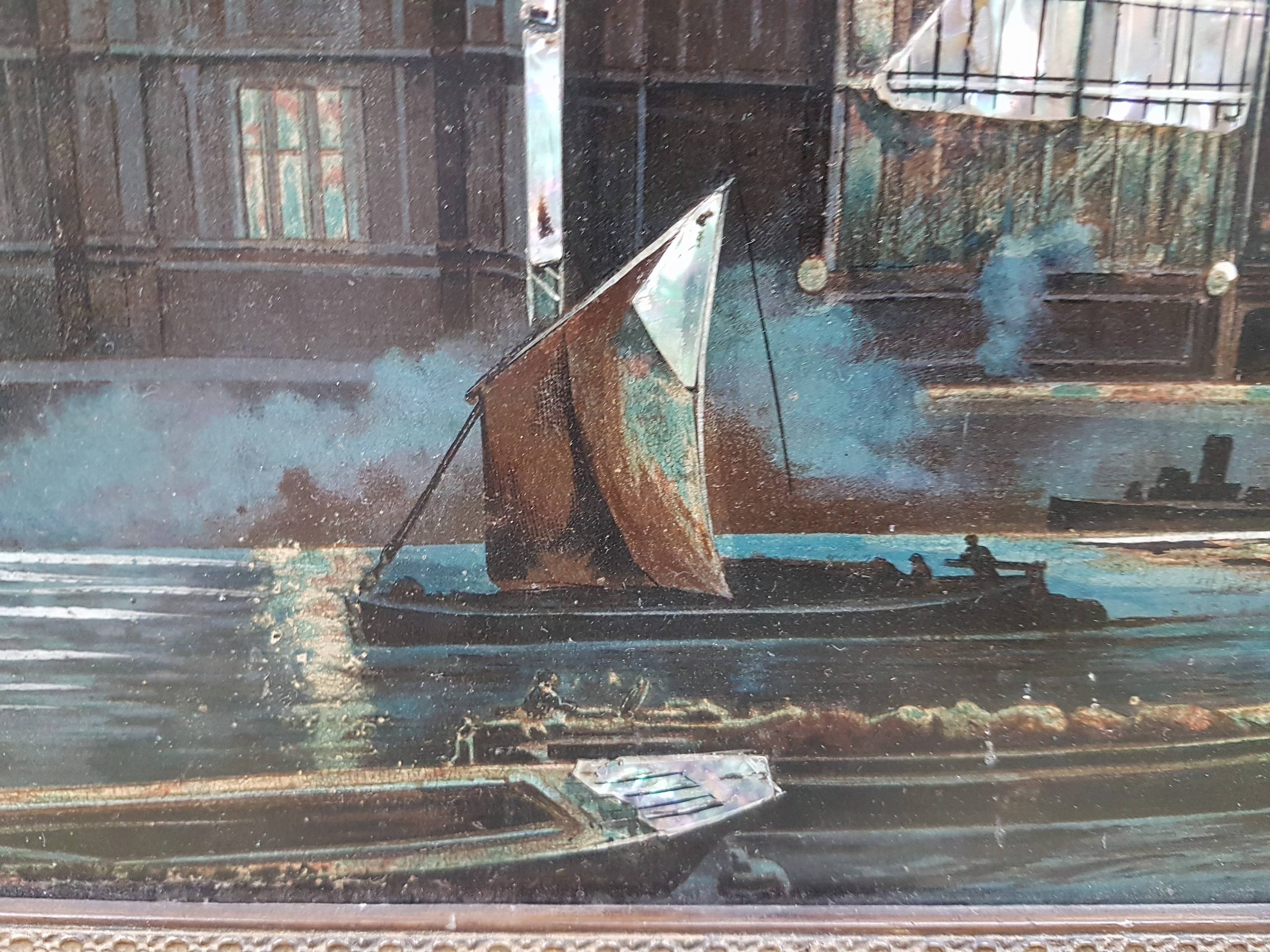 Detail f: Bilderuhr mit Ansicht des Big Ben London, mit Musikspielwerk, England um 1900, verzierter Rahmen (min. besch.), polychrom lithographiert auf Metall, ...